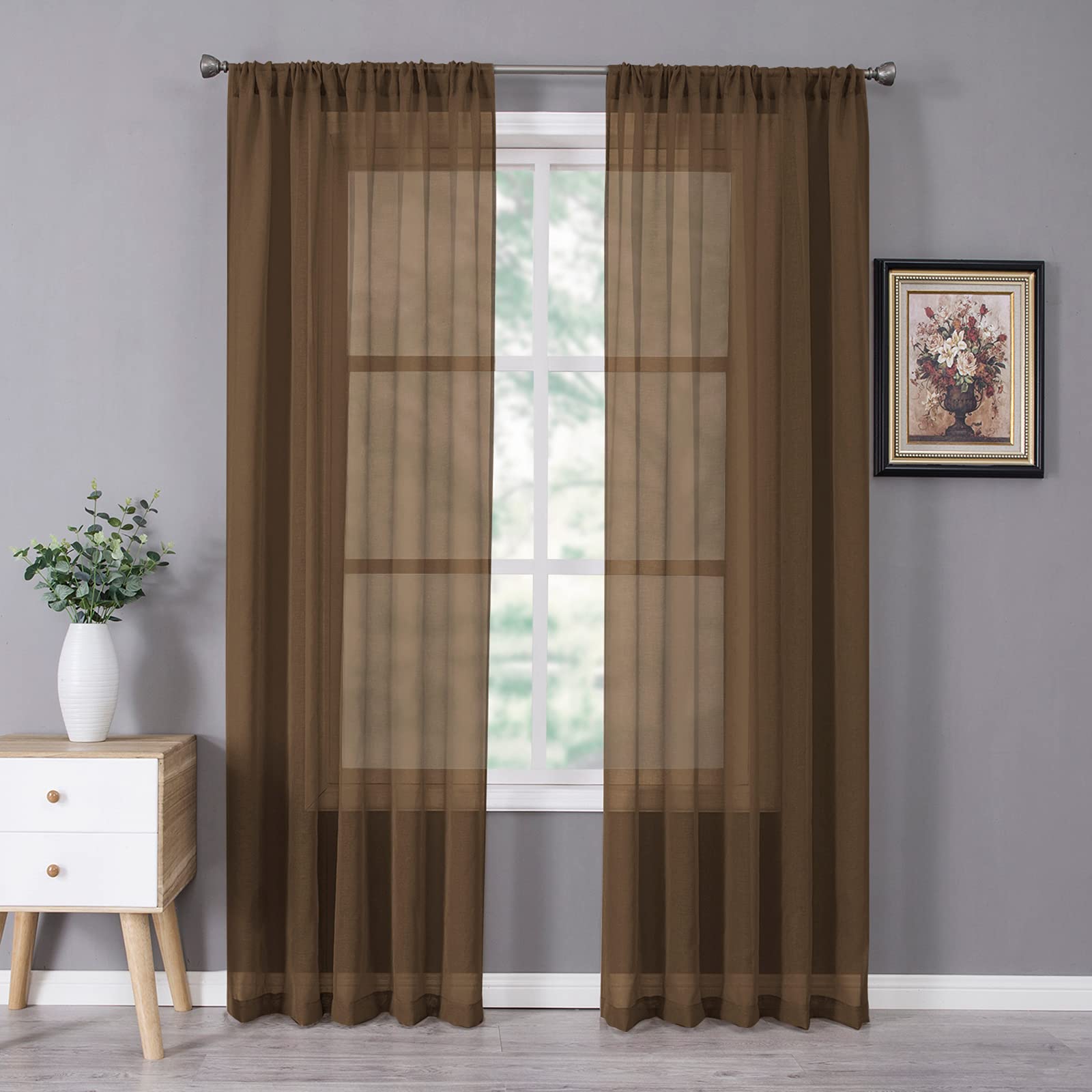 Tollpiz Short Sheer Curtains Linen Textured Bedroom Curtain Sheers Light Filtering Rod Pocket Voile Curtains for Living Room, 54 x 45 inches Long, White, Set of 2 Panels