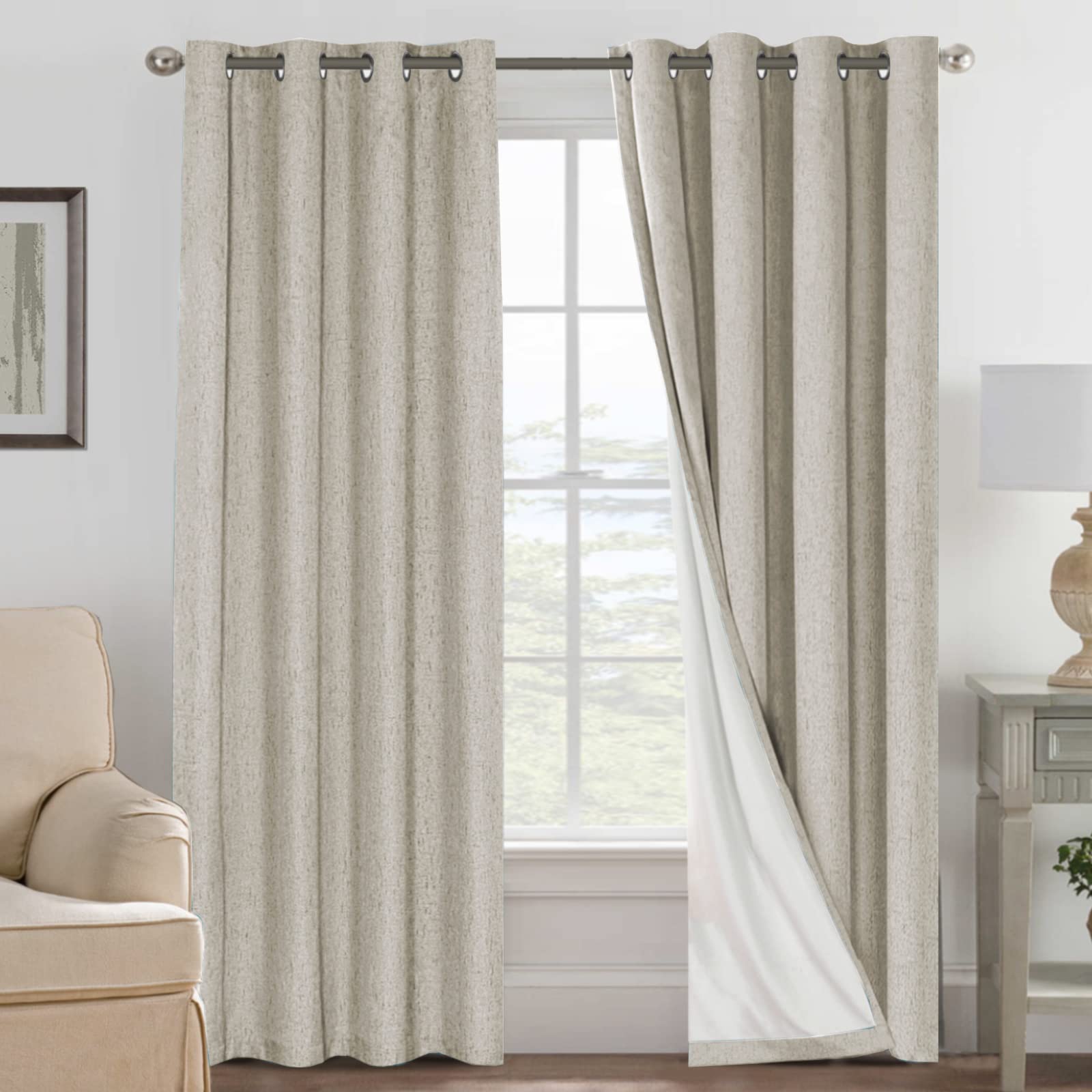 H.VERSAILTEX 100% Blackout Curtains Ivory, Linen Blackout Curtains 96 inch Curtains 2 Panel Set, Elegant Curtain for Bedroom Grommet Drapes for Living Room