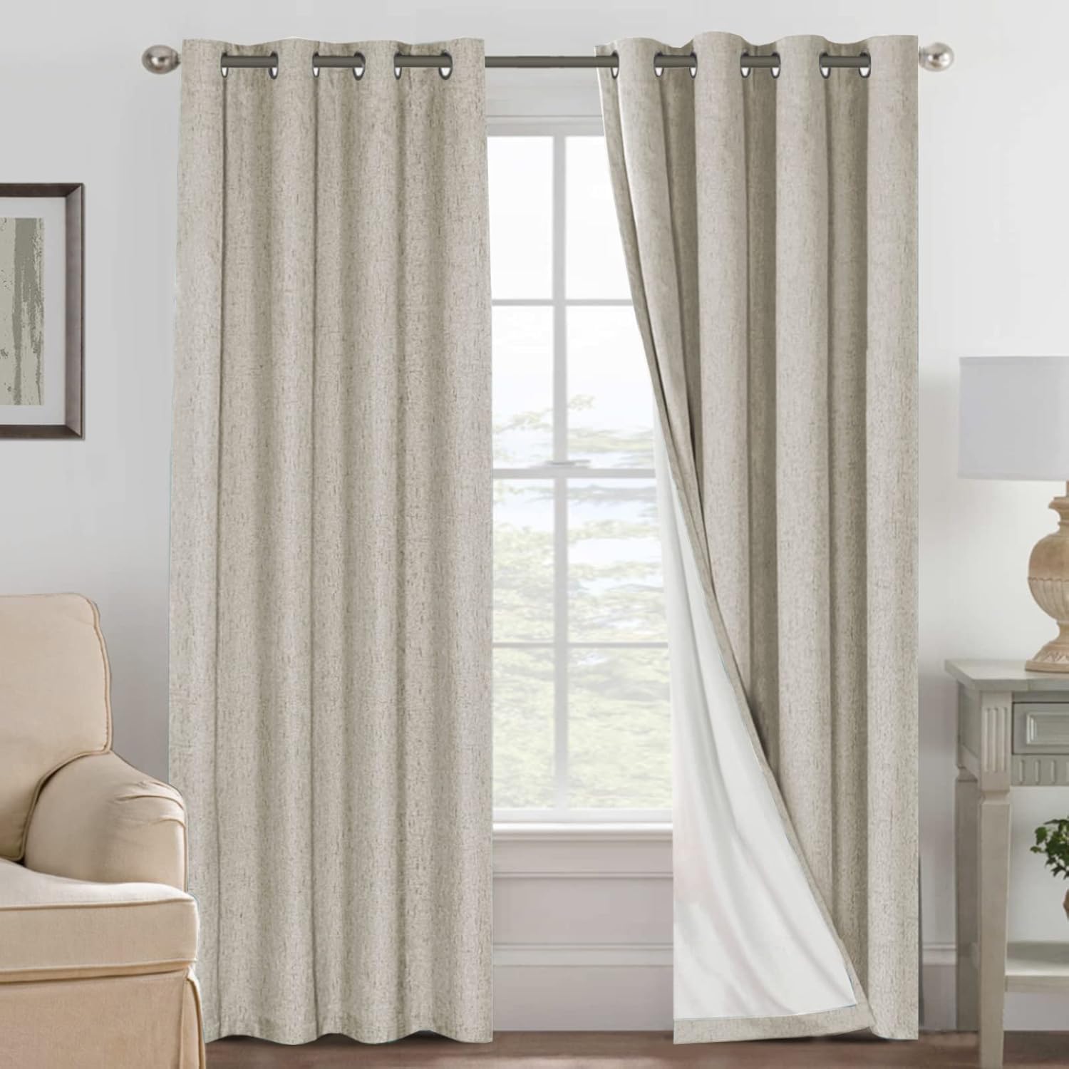 H.VERSAILTEX 100% Blackout Curtains Ivory, Linen Blackout Curtains 96 inch Curtains 2 Panel Set, Elegant Curtain for Bedroom Grommet Drapes for Living Room