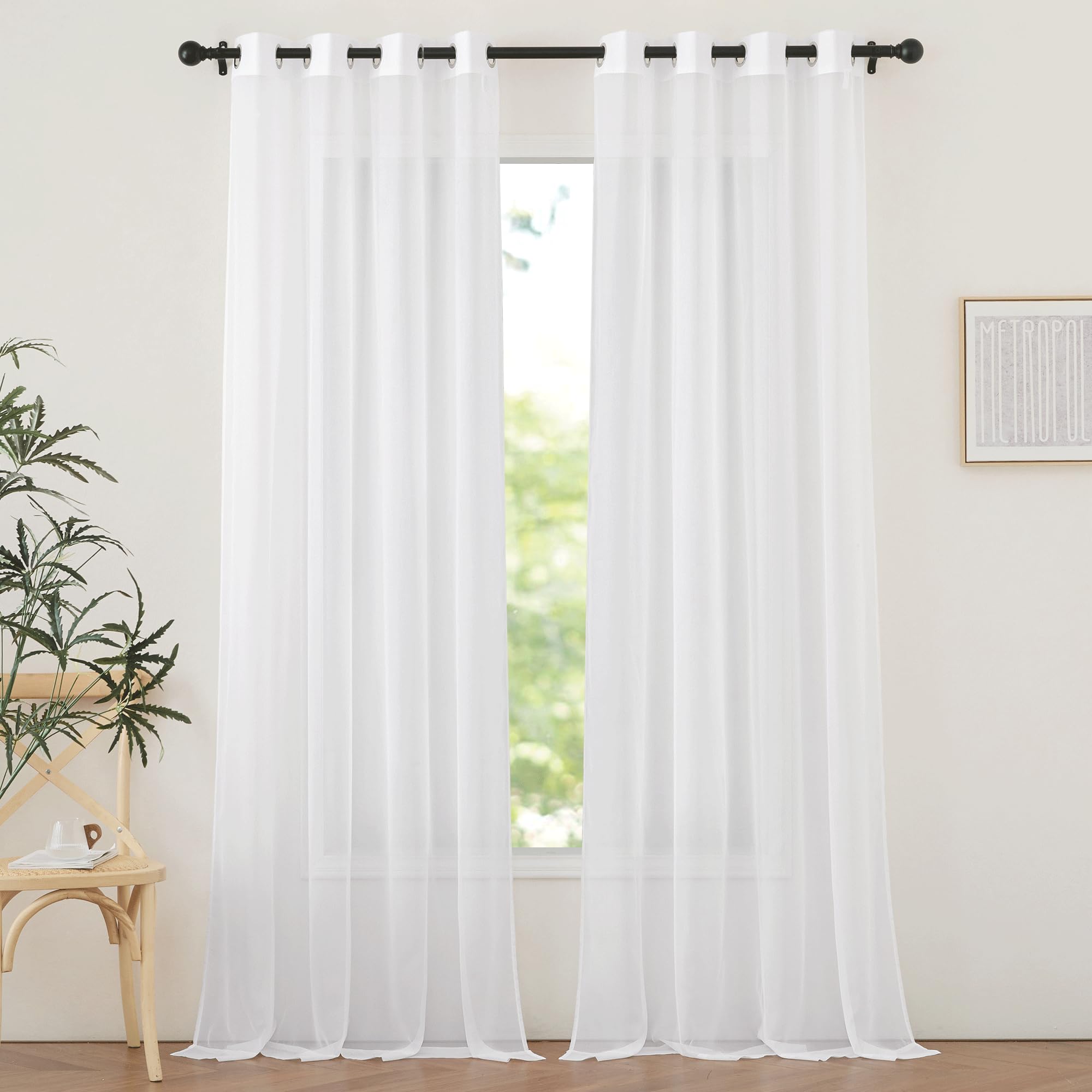 NICETOWN Sheer Curtains Panel 72" Long - Ring Top Window Treatment Sheer Voile Drapes for Bedroom/Living Room (White, Set of 2, W54 x L72)