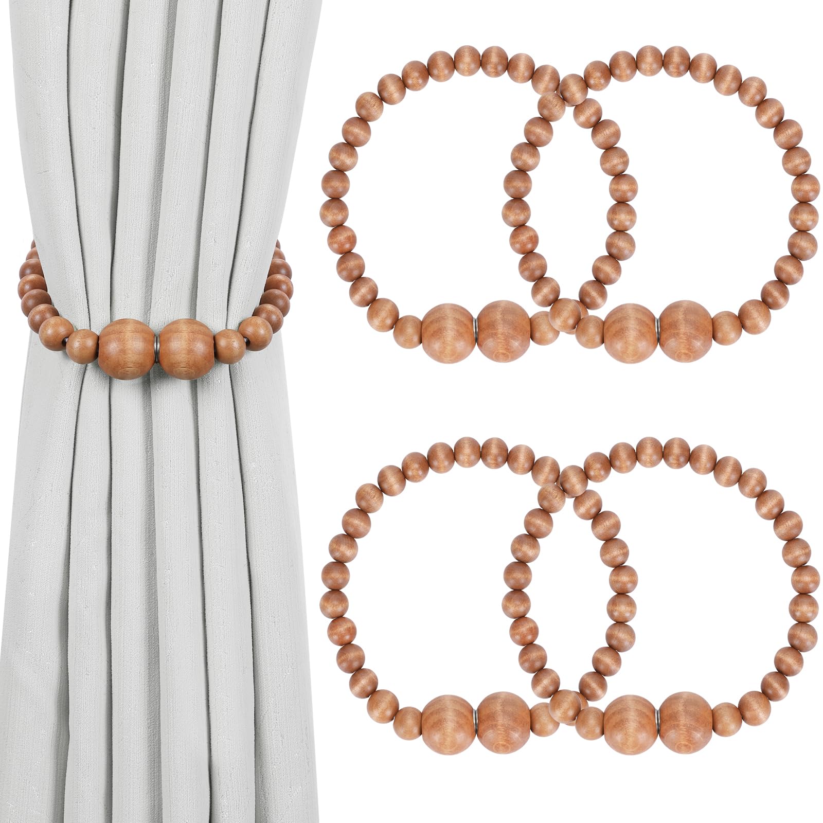 Magnetic Curtain Tiebacks, 2 Pack Curtain Holdbacks for Draperies, Wood Bead Curtain Tiebacks, Elegant Curtain Tie Backs for Bedroom Decor, Boho Room Decor, Nursery Decor, Farmhouse Decor