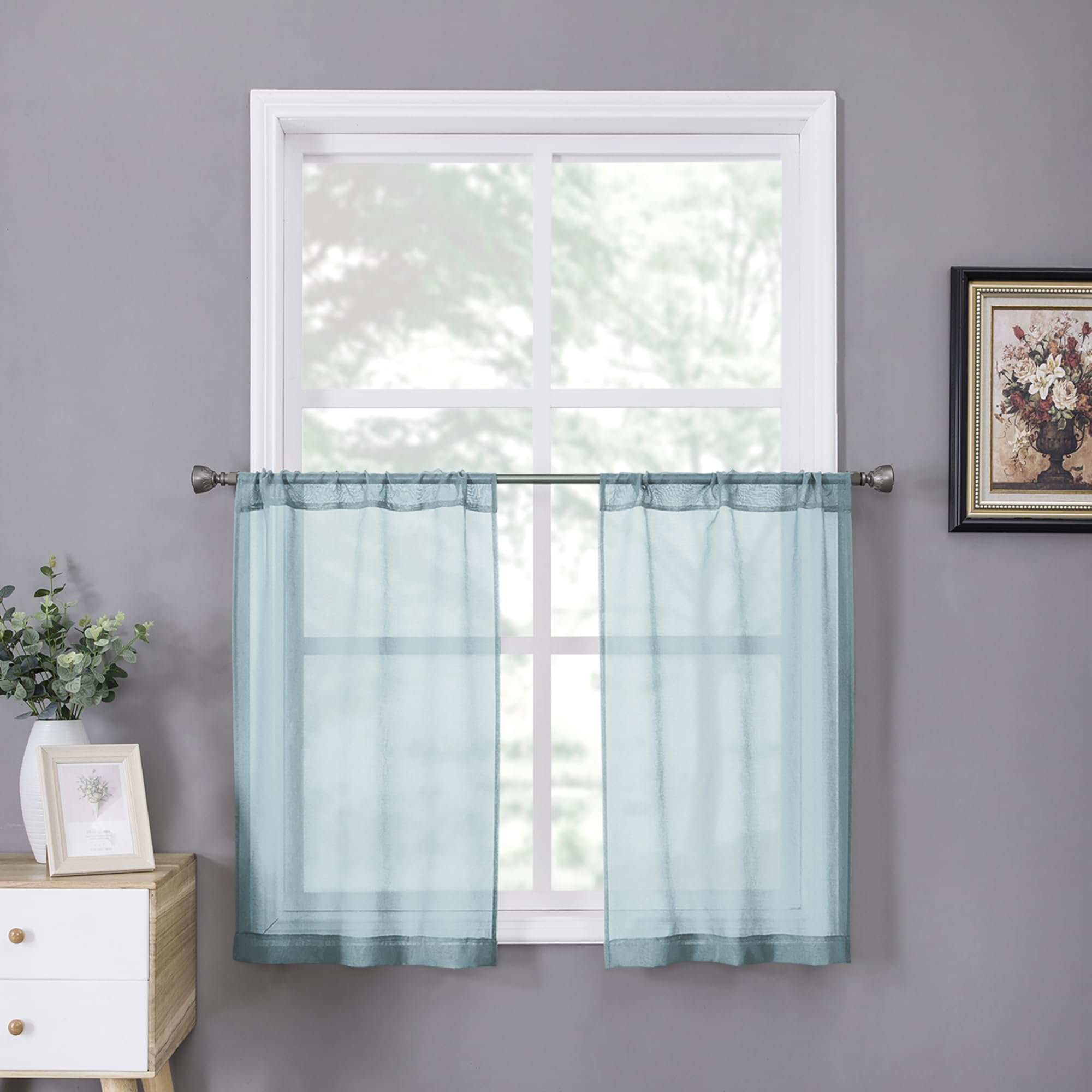 Tollpiz Short Sheer Curtains Linen Textured Bedroom Curtain Sheers Light Filtering Rod Pocket Voile Curtains for Living Room, 54 x 45 inches Long, White, Set of 2 Panels