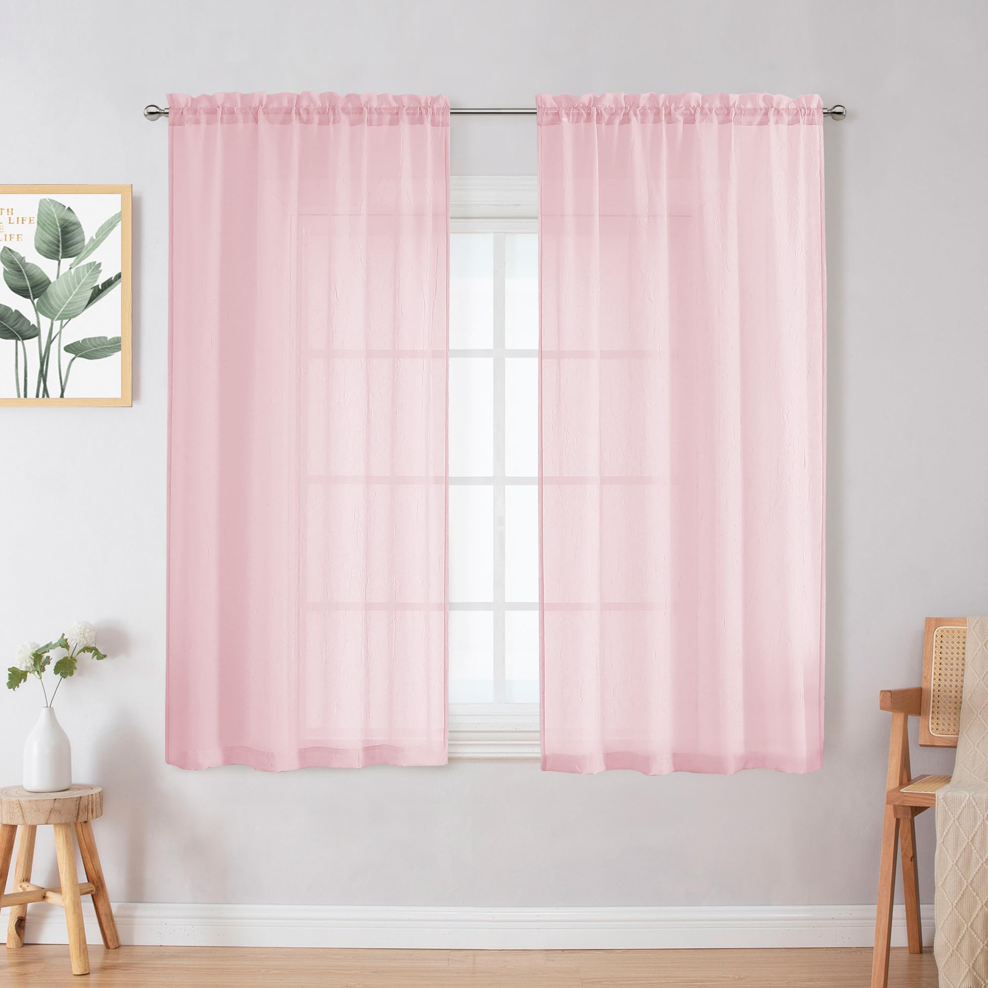Chyhomenyc Crushed Sheer White Curtains 84 Inch Length 2 Panels, Light Filtering Solid Crinkle Voile Lightweight Textured Sheer Curtian for Bedroom, Each 42Wx84L Inches