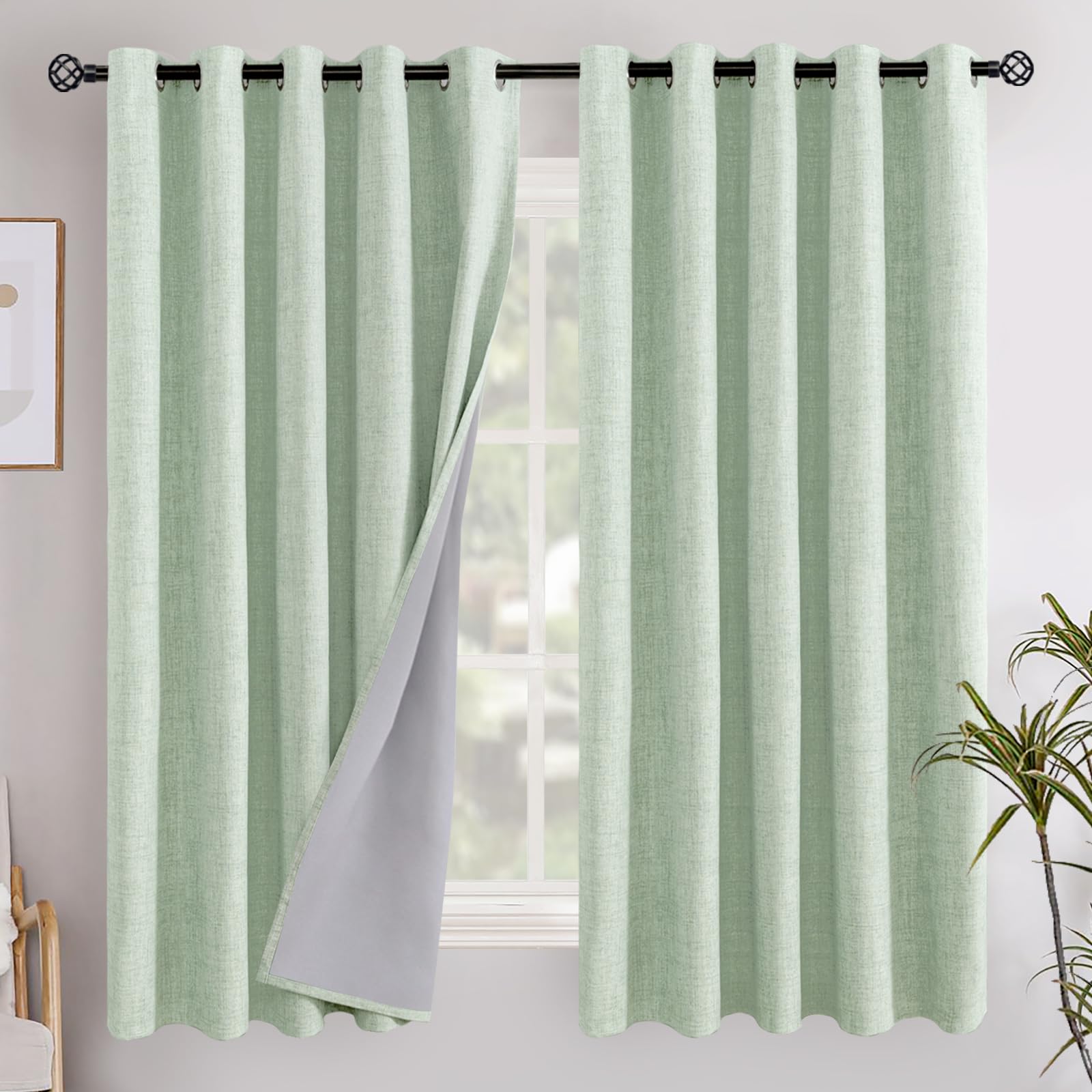 YoungsTex Linen Blackout Curtains 63 Inch Length for Bedroom, Room Darkening Window Drapes with Grommet Thermal Insulated Black Out Blinds for Living Room, 2 Panels, 52 X 63 Inch, Beige