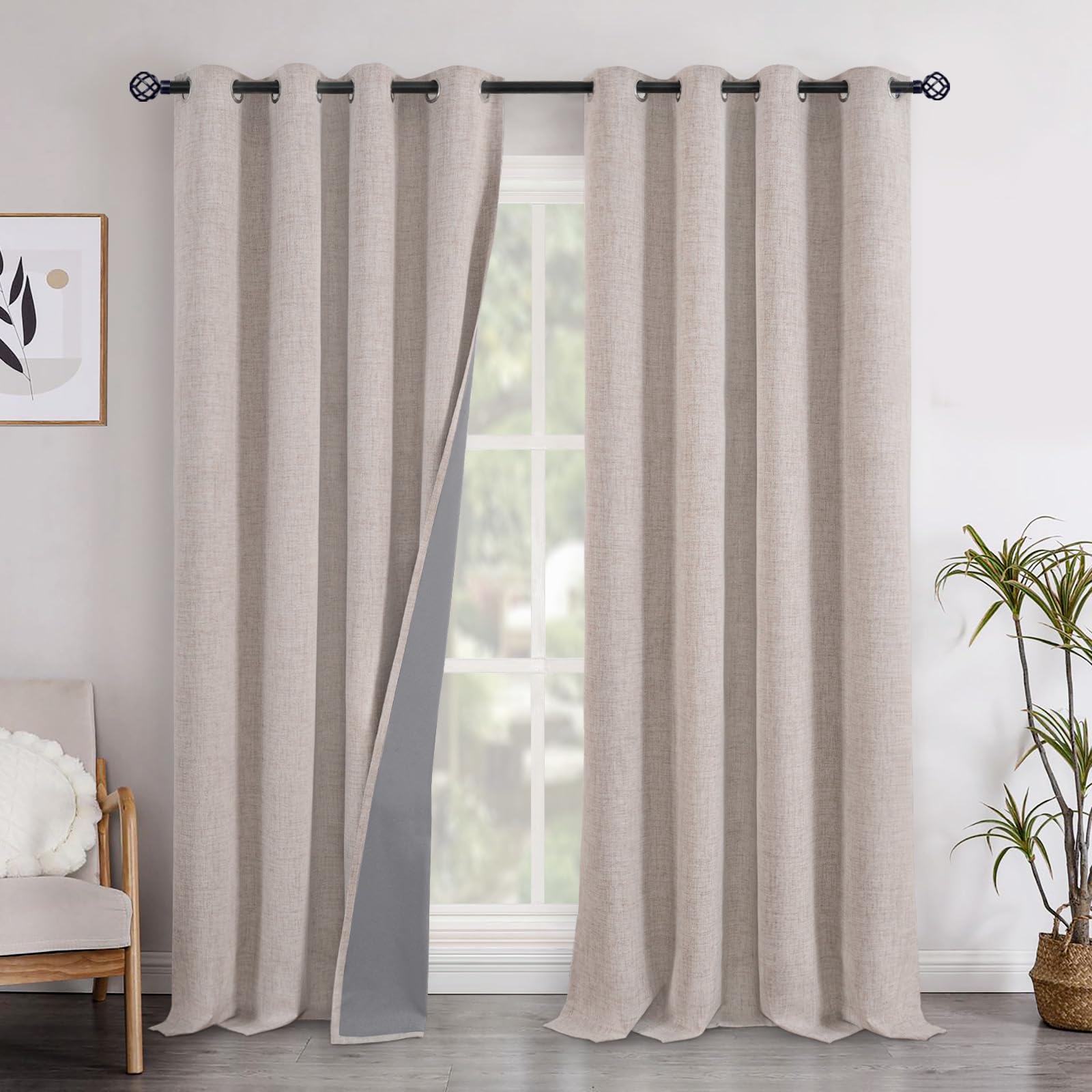 YoungsTex Linen Blackout Curtains 63 Inch Length for Bedroom, Room Darkening Window Drapes with Grommet Thermal Insulated Black Out Blinds for Living Room, 2 Panels, 52 X 63 Inch, Beige