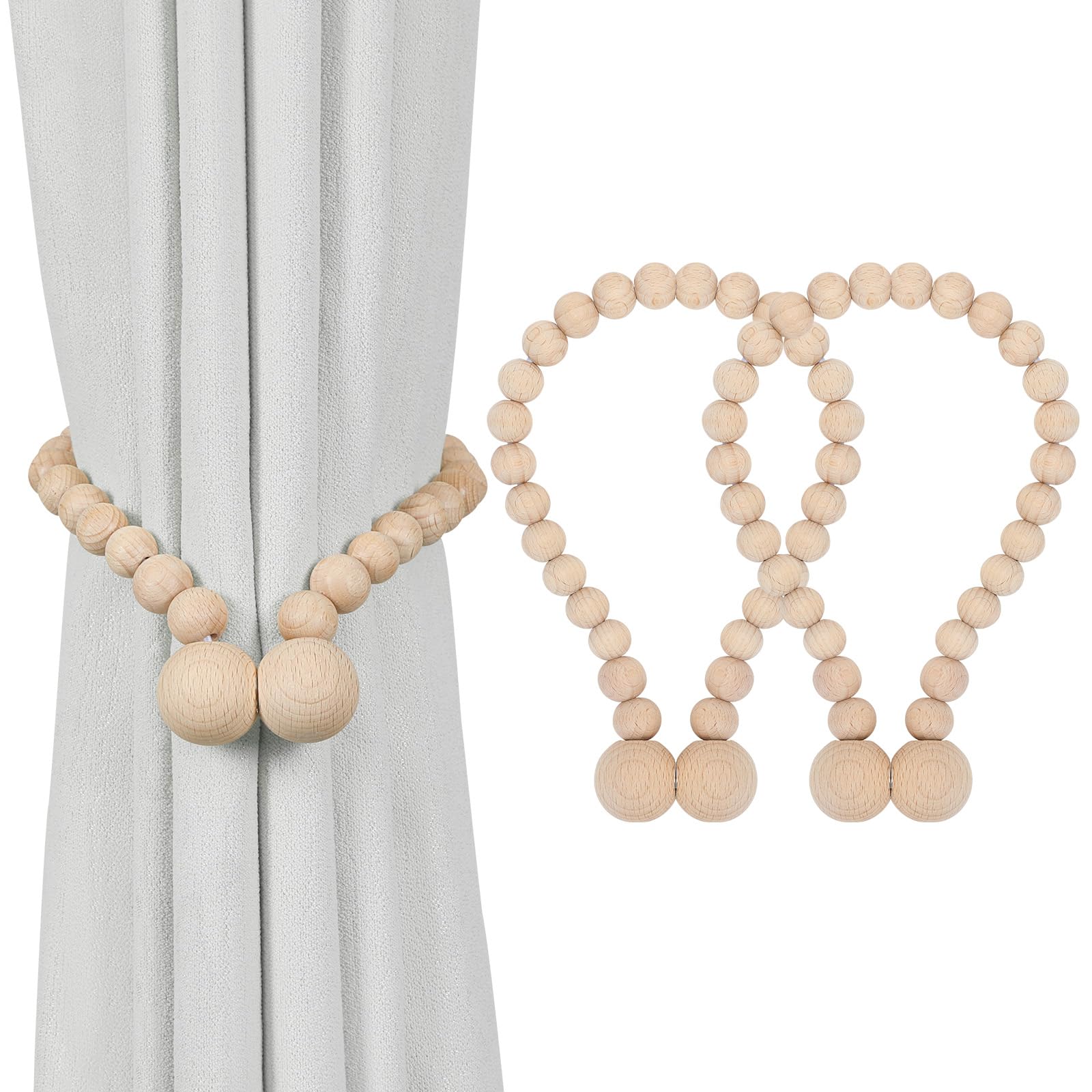 KLOGTSIND Magnetic Curtain Tiebacks, Curtain Holdbacks for Curtains 2 Pack, Wood Bead Curtain Holders for Boho Bedroom Decor, Baby Nursery Decor, Farmhouse Decor