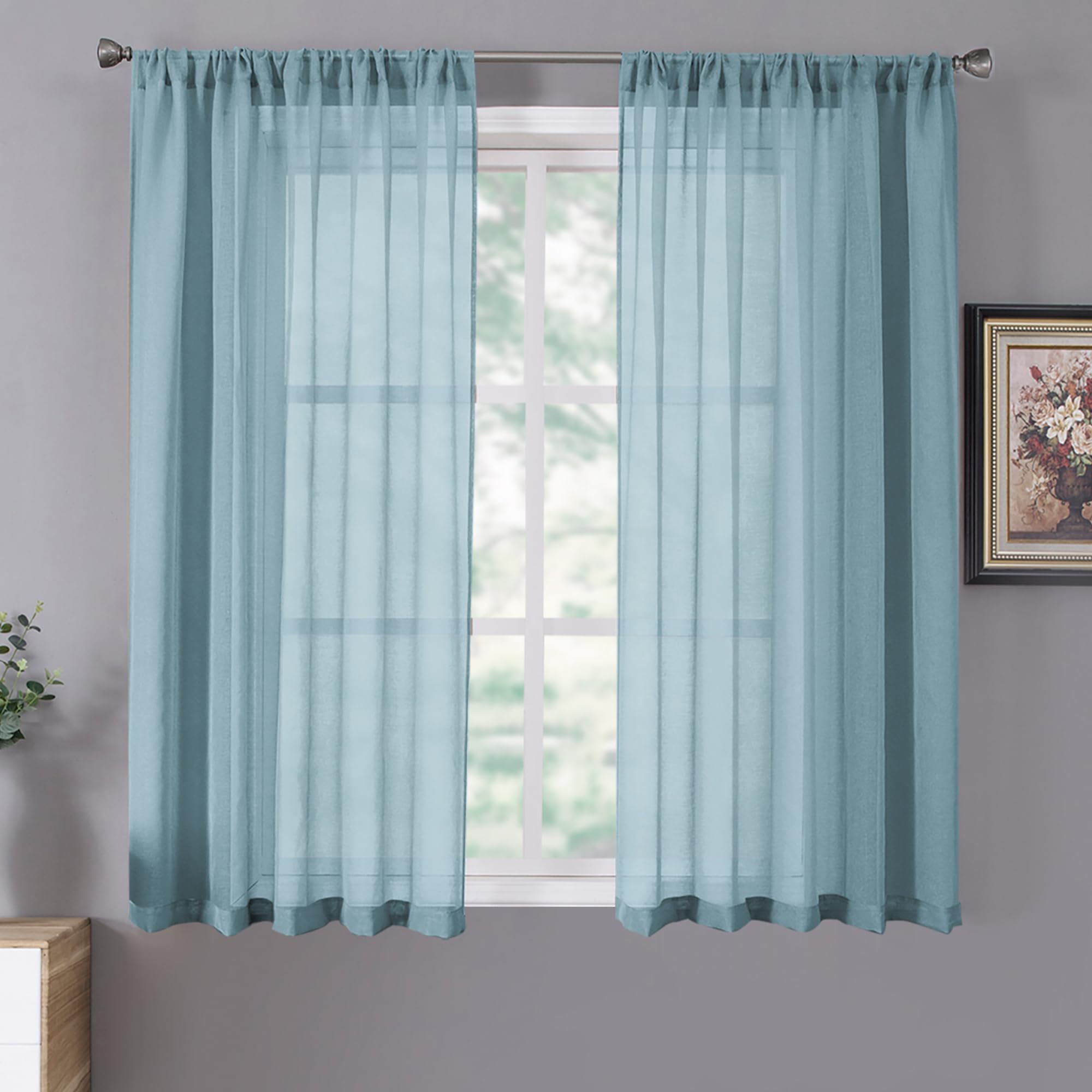 Tollpiz Short Sheer Curtains Linen Textured Bedroom Curtain Sheers Light Filtering Rod Pocket Voile Curtains for Living Room, 54 x 45 inches Long, White, Set of 2 Panels