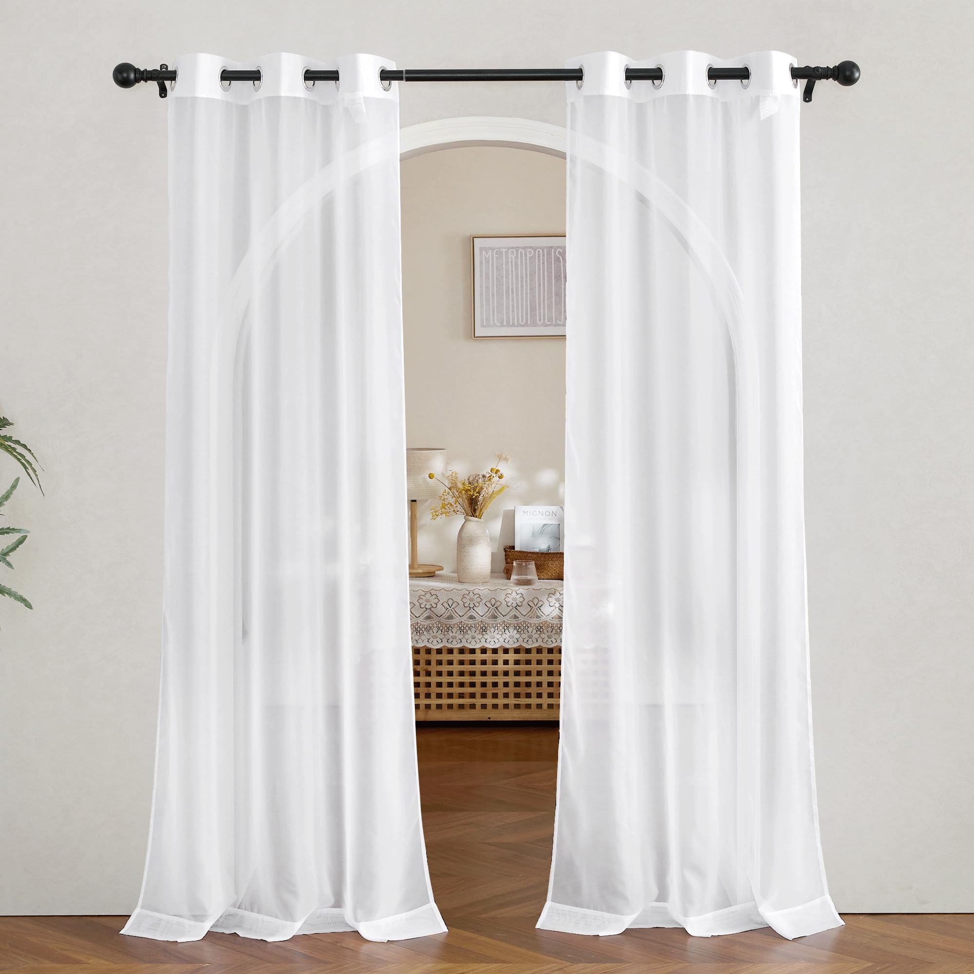 NICETOWN Sheer Curtains Panel 72" Long - Ring Top Window Treatment Sheer Voile Drapes for Bedroom/Living Room (White, Set of 2, W54 x L72)