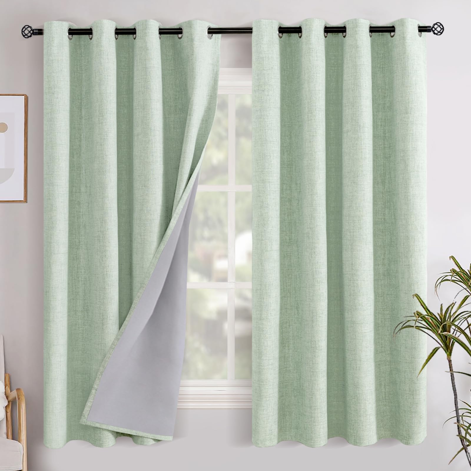 YoungsTex Linen Blackout Curtains 63 Inch Length for Bedroom, Room Darkening Window Drapes with Grommet Thermal Insulated Black Out Blinds for Living Room, 2 Panels, 52 X 63 Inch, Beige