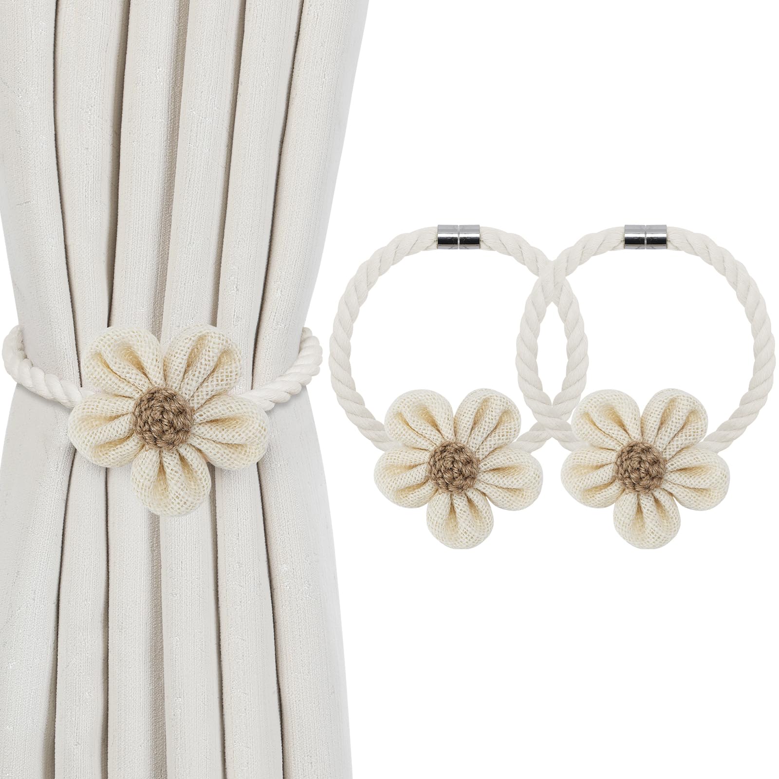 KLOGTSIND Flower Curtain Tiebacks, 2 Pack Boho Curtain Ties Elegant DIY Curtain Holdbacks, Decorative Window Drape Twist Tie Backs for Bedroom Decor, Nursery Decor, Farmhouse Decor
