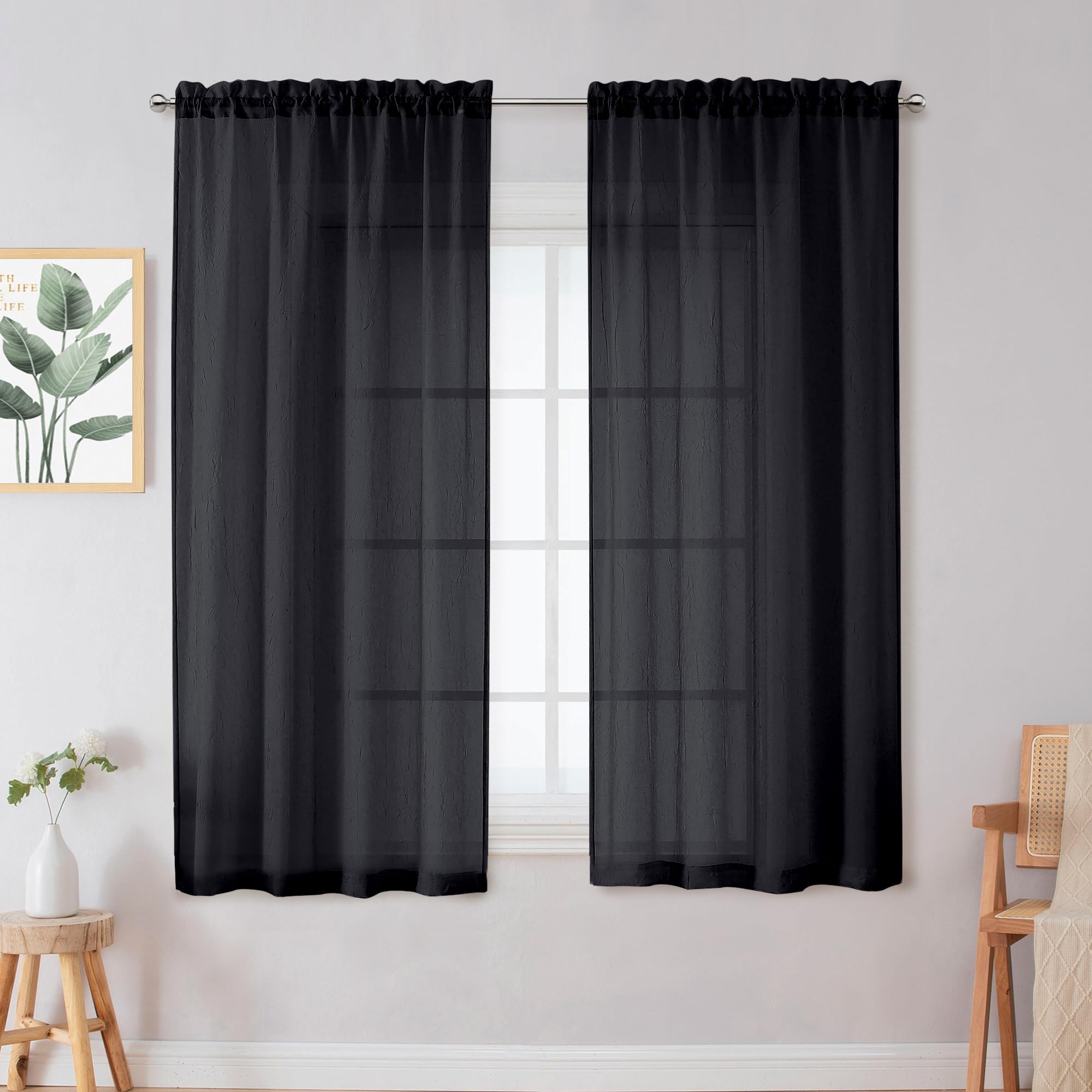 Chyhomenyc Crushed Sheer White Curtains 84 Inch Length 2 Panels, Light Filtering Solid Crinkle Voile Lightweight Textured Sheer Curtian for Bedroom, Each 42Wx84L Inches