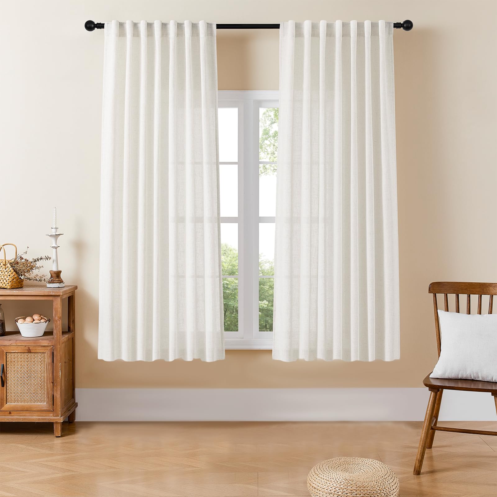 Joydeco Curtains, 108 Inches Long, 2 Panels Set, Farmhouse Drapes for Living Room, Semi-Blackout, Linen-Polyester, Ivory on Linen, Rod Pocket