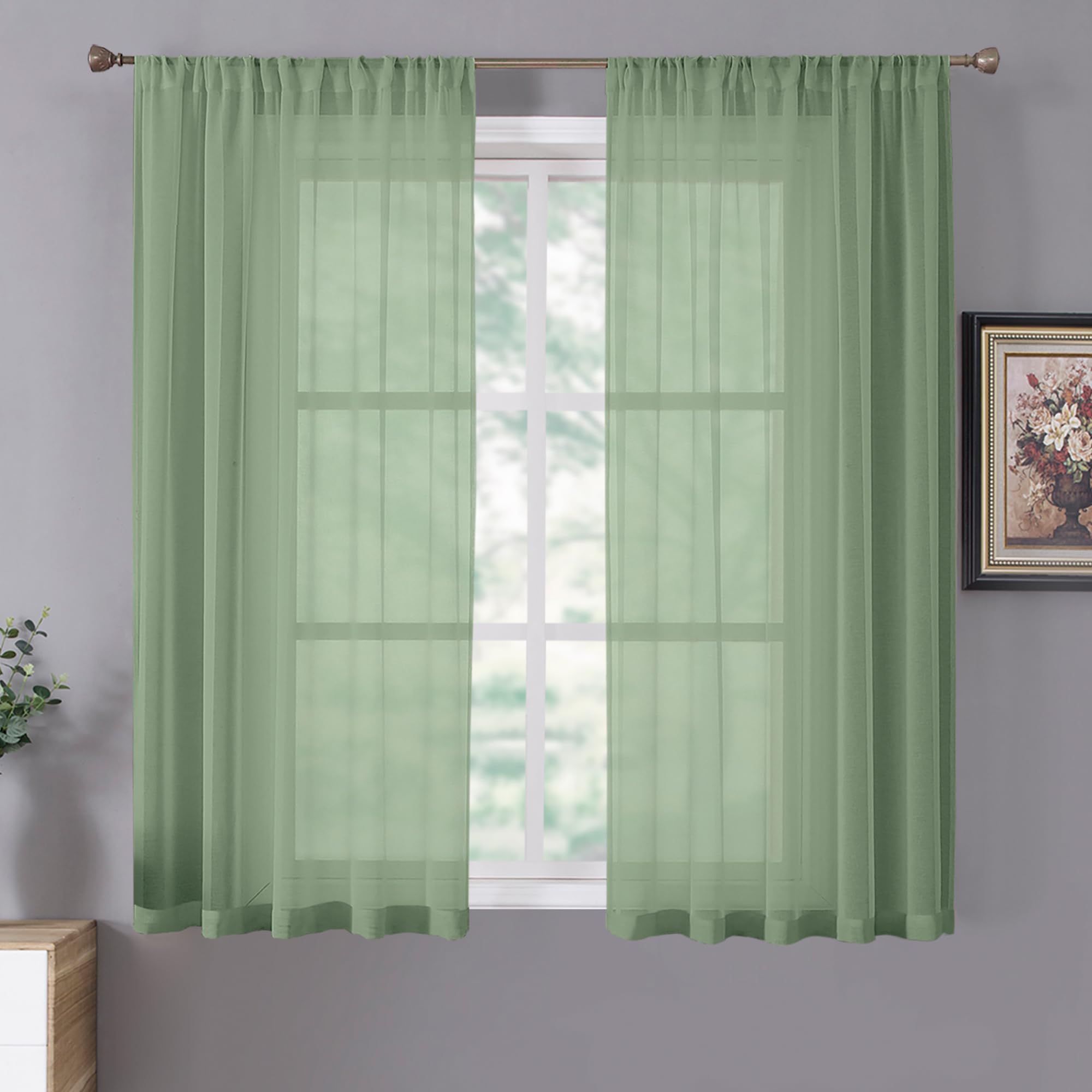 Tollpiz Short Sheer Curtains Linen Textured Bedroom Curtain Sheers Light Filtering Rod Pocket Voile Curtains for Living Room, 54 x 45 inches Long, White, Set of 2 Panels