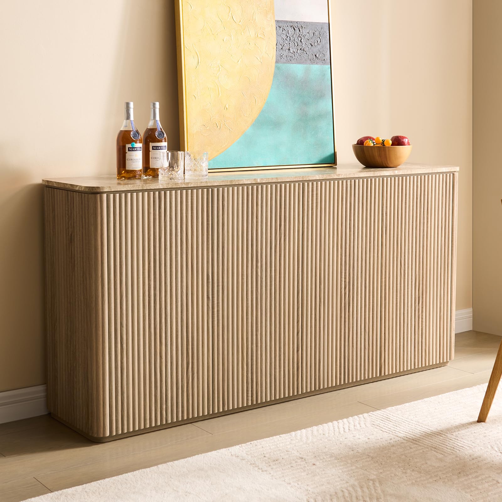 Fluted 4 Doors Sideboard Cabinet with Storage, 64" Wooden Credenza with Shelves, Faux Marble-Top Coffee Bar Console Table, Modern Buffet Cabinet for Dining, Kitchen, Living Room, Entryway, Dark Oak