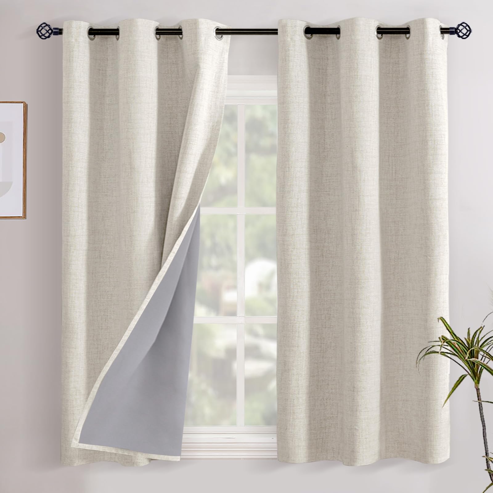 YoungsTex Linen Blackout Curtains 63 Inch Length for Bedroom, Room Darkening Window Drapes with Grommet Thermal Insulated Black Out Blinds for Living Room, 2 Panels, 52 X 63 Inch, Beige