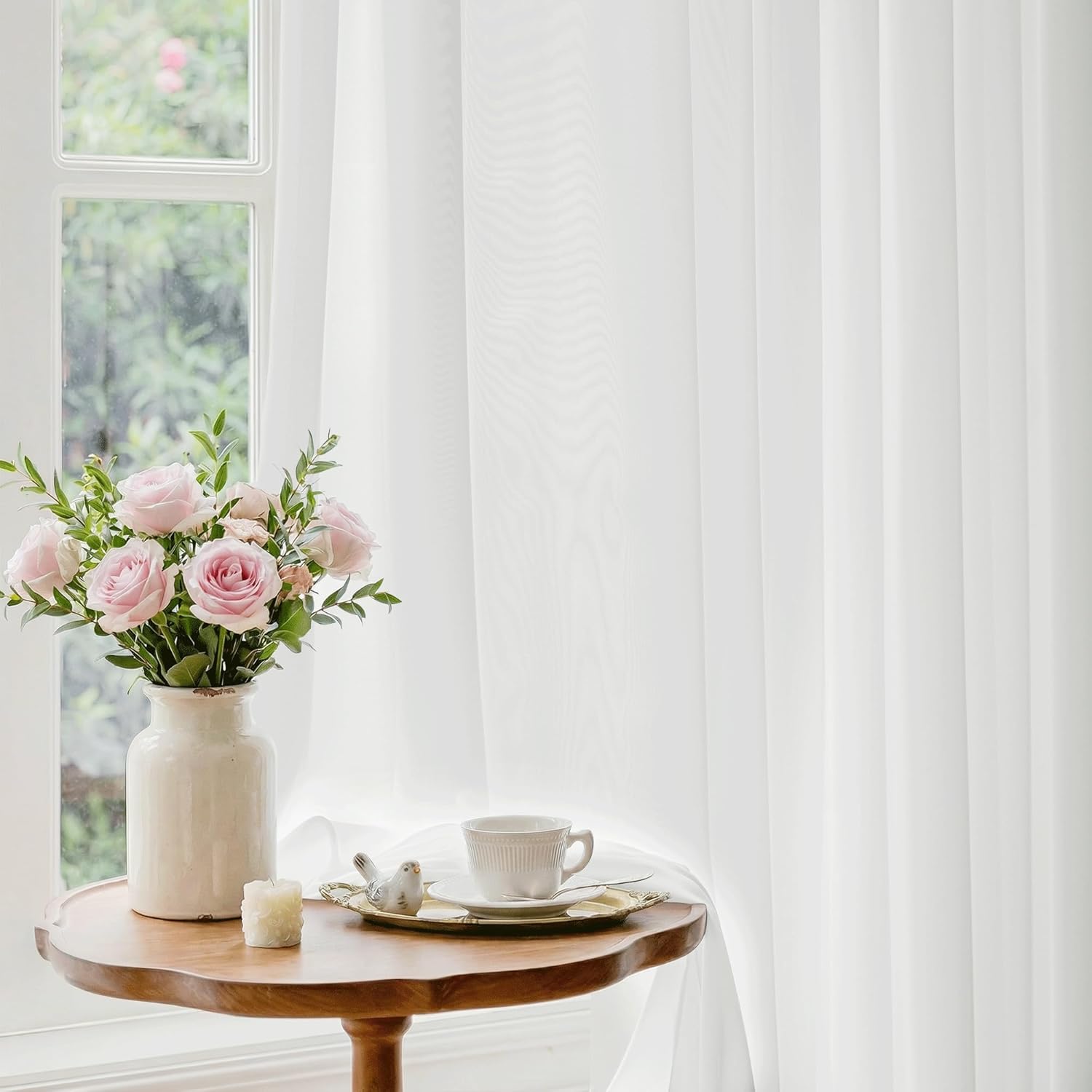 Beauoop Soft White Semi Sheer Curtains 84 Inches Long 2 Panels for Living Room Bedroom Faux Silk Light Filtering Non-See-Through Privacy Airy Rod Pocket Voile Window Treatment Drapes, 52x84 Set of 2