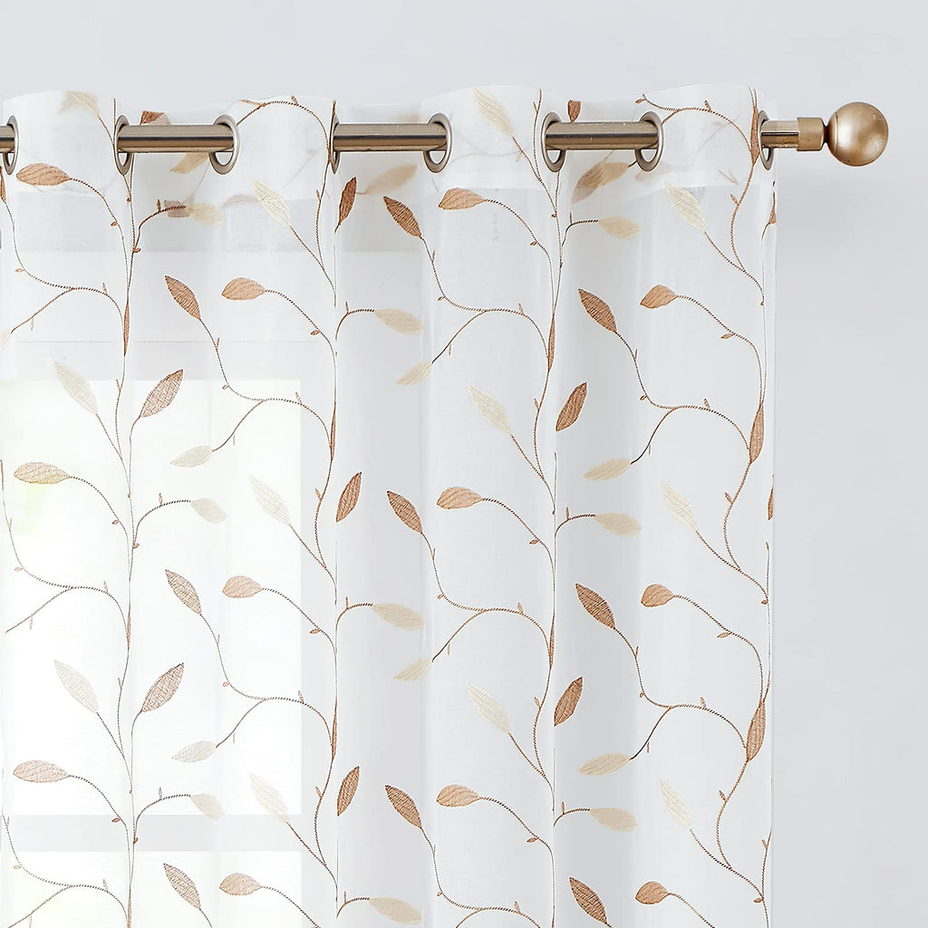 Lazzzy Sheer Curtains Embroidered Floral Leaf Voile Drapes for Bedroom Living Room Back Tabs Window Treatments 2 Panels 84 Inches Green on White