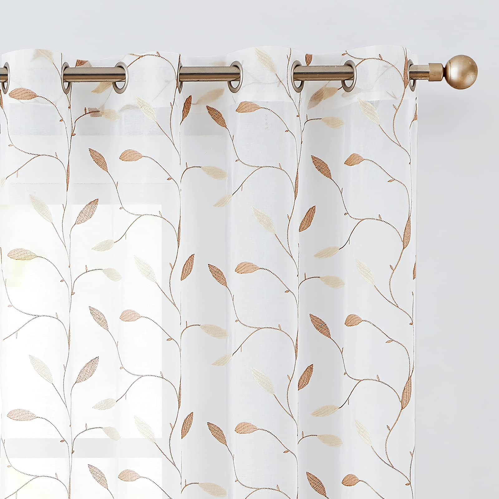 Lazzzy Sheer Curtains Embroidered Floral Leaf Voile Drapes for Bedroom Living Room Back Tabs Window Treatments 2 Panels 84 Inches Green on White