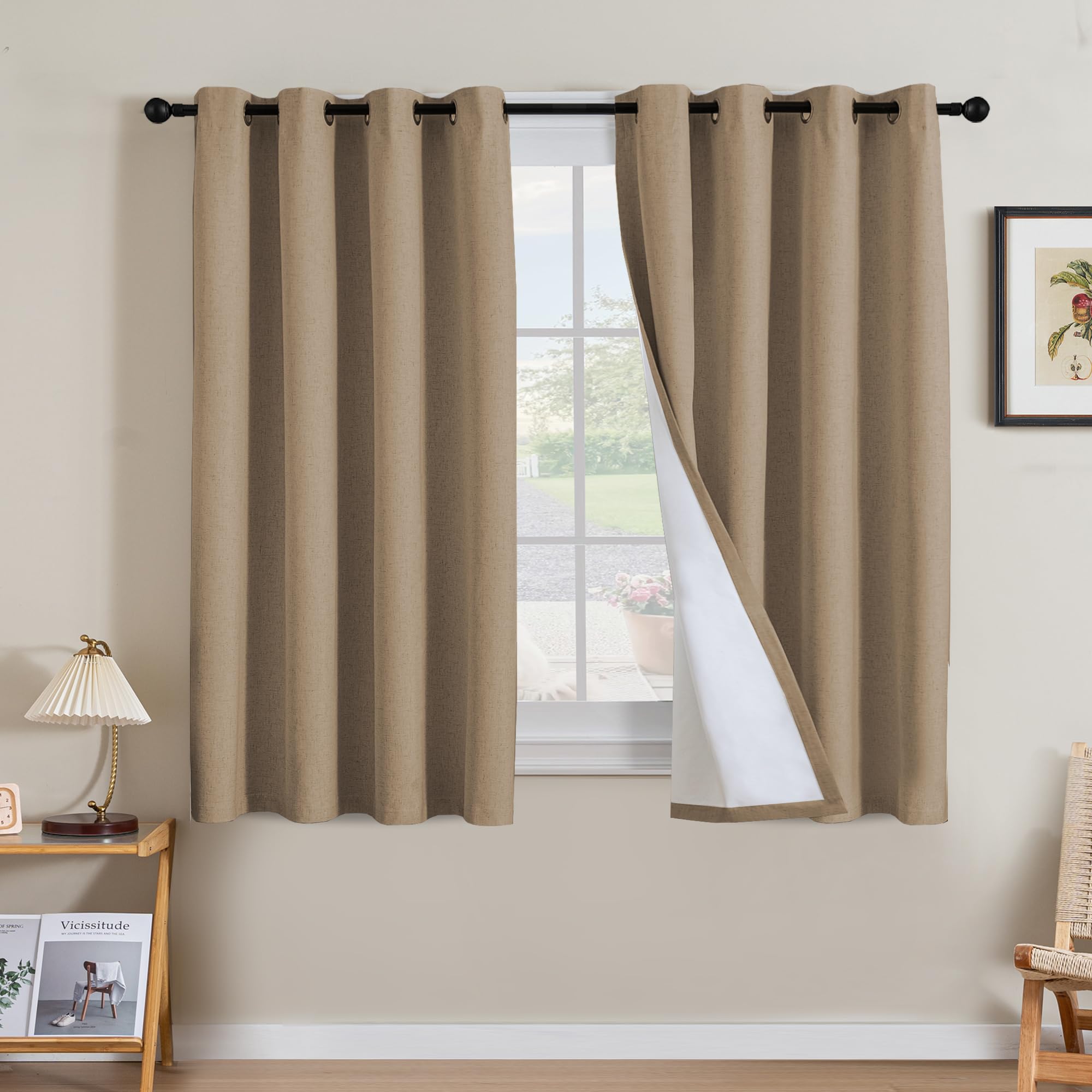 H.VERSAILTEX 100% Blackout Curtains Ivory, Linen Blackout Curtains 96 inch Curtains 2 Panel Set, Elegant Curtain for Bedroom Grommet Drapes for Living Room