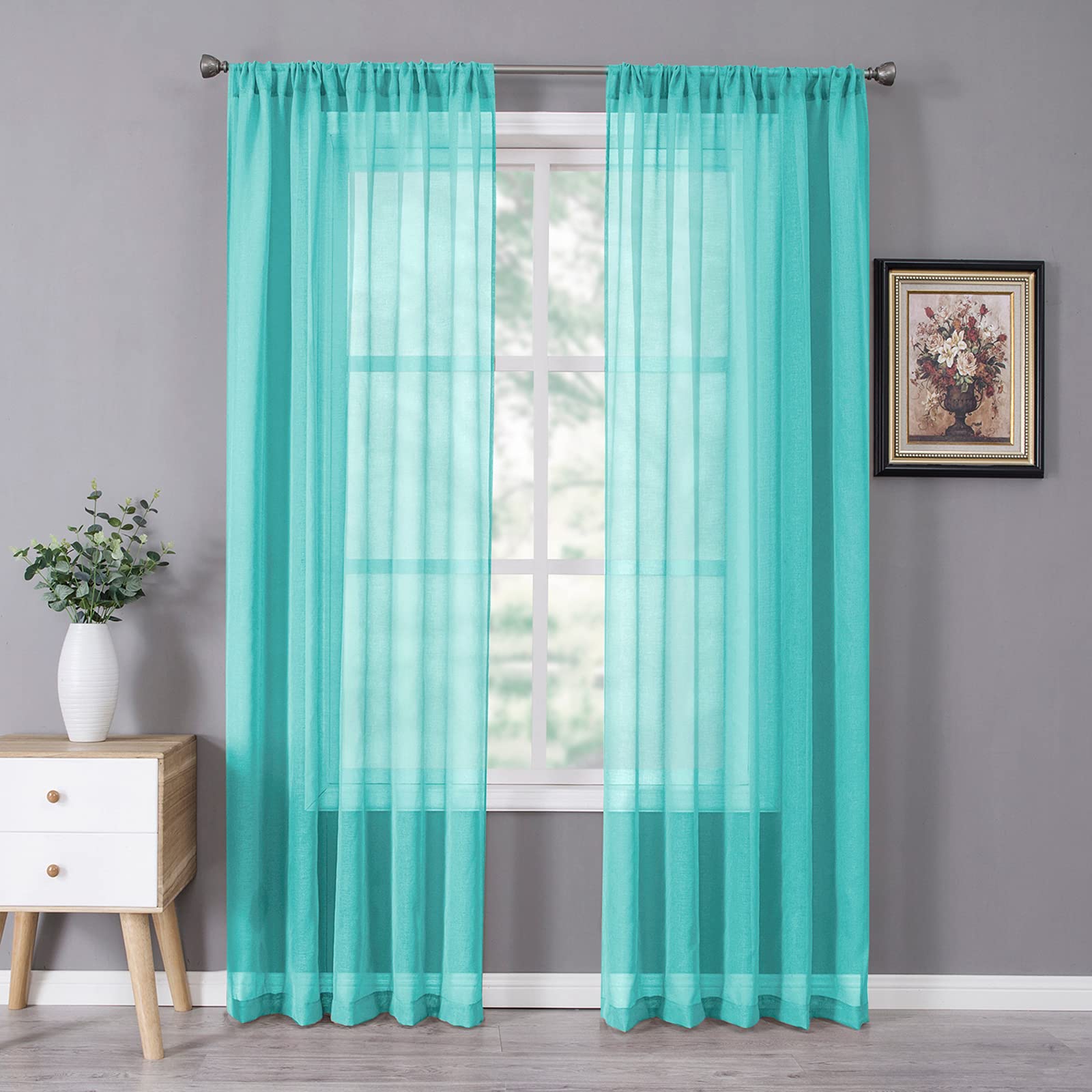 Tollpiz Short Sheer Curtains Linen Textured Bedroom Curtain Sheers Light Filtering Rod Pocket Voile Curtains for Living Room, 54 x 45 inches Long, White, Set of 2 Panels