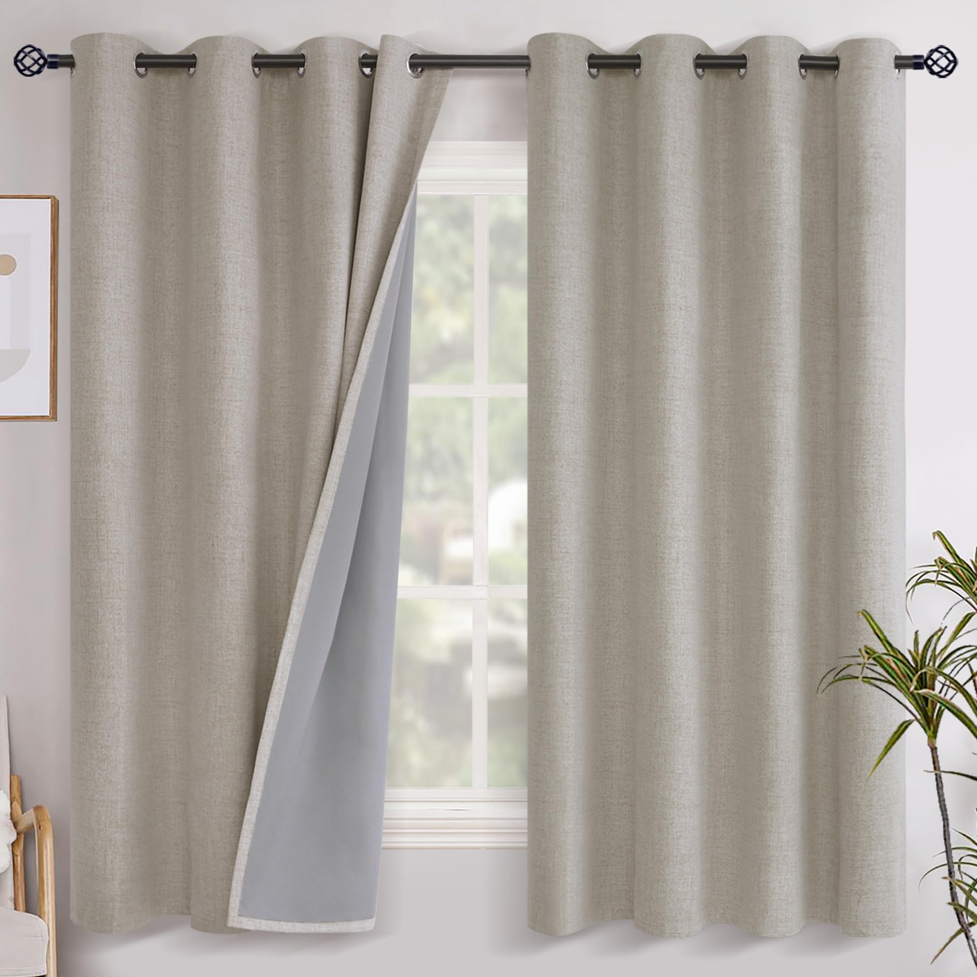 YoungsTex Linen Blackout Curtains 63 Inch Length for Bedroom, Room Darkening Window Drapes with Grommet Thermal Insulated Black Out Blinds for Living Room, 2 Panels, 52 X 63 Inch, Beige