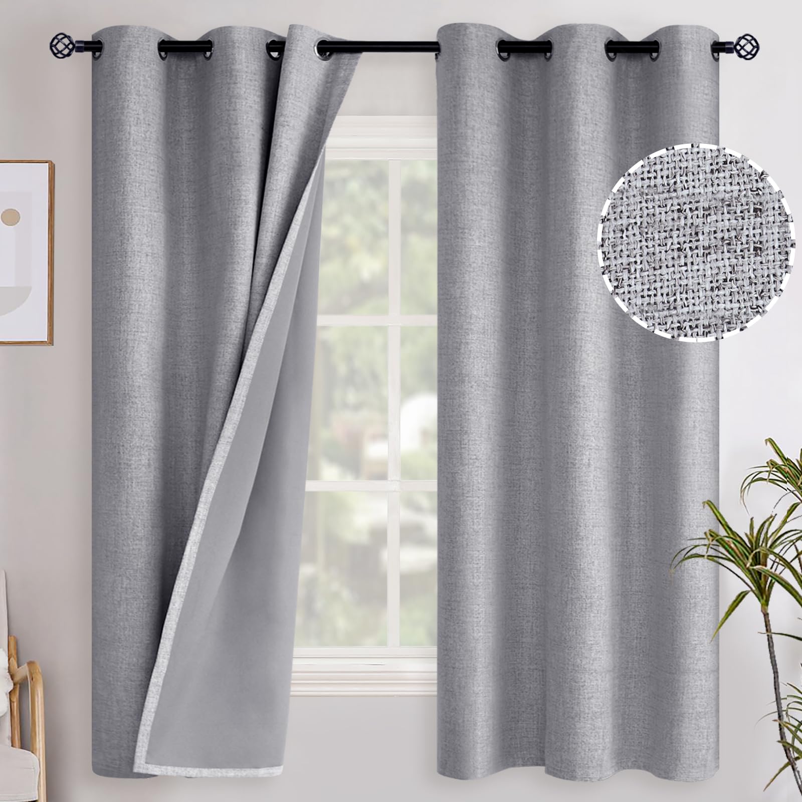 YoungsTex Linen Blackout Curtains 63 Inch Length for Bedroom, Room Darkening Window Drapes with Grommet Thermal Insulated Black Out Blinds for Living Room, 2 Panels, 52 X 63 Inch, Beige