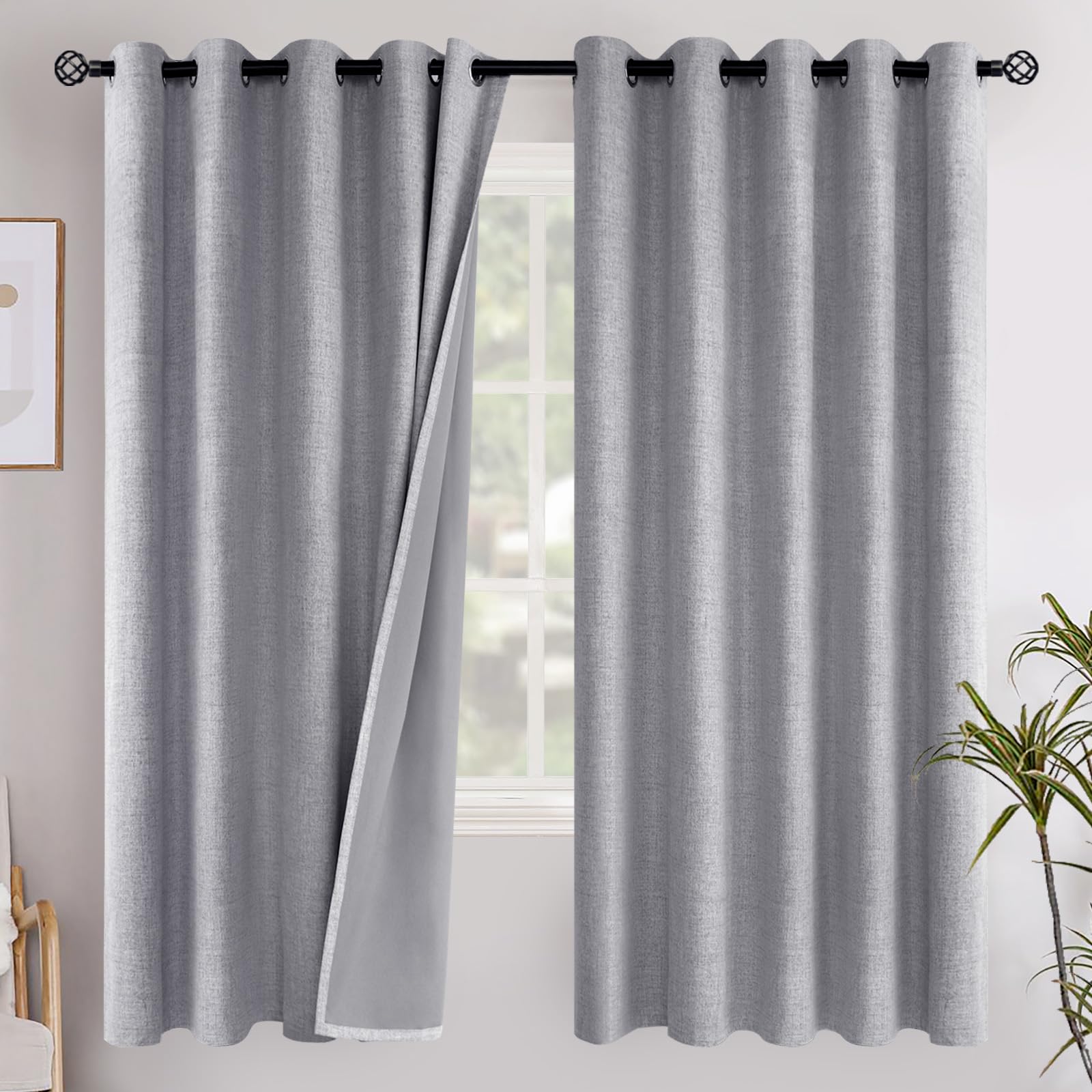 YoungsTex Linen Blackout Curtains 63 Inch Length for Bedroom, Room Darkening Window Drapes with Grommet Thermal Insulated Black Out Blinds for Living Room, 2 Panels, 52 X 63 Inch, Beige