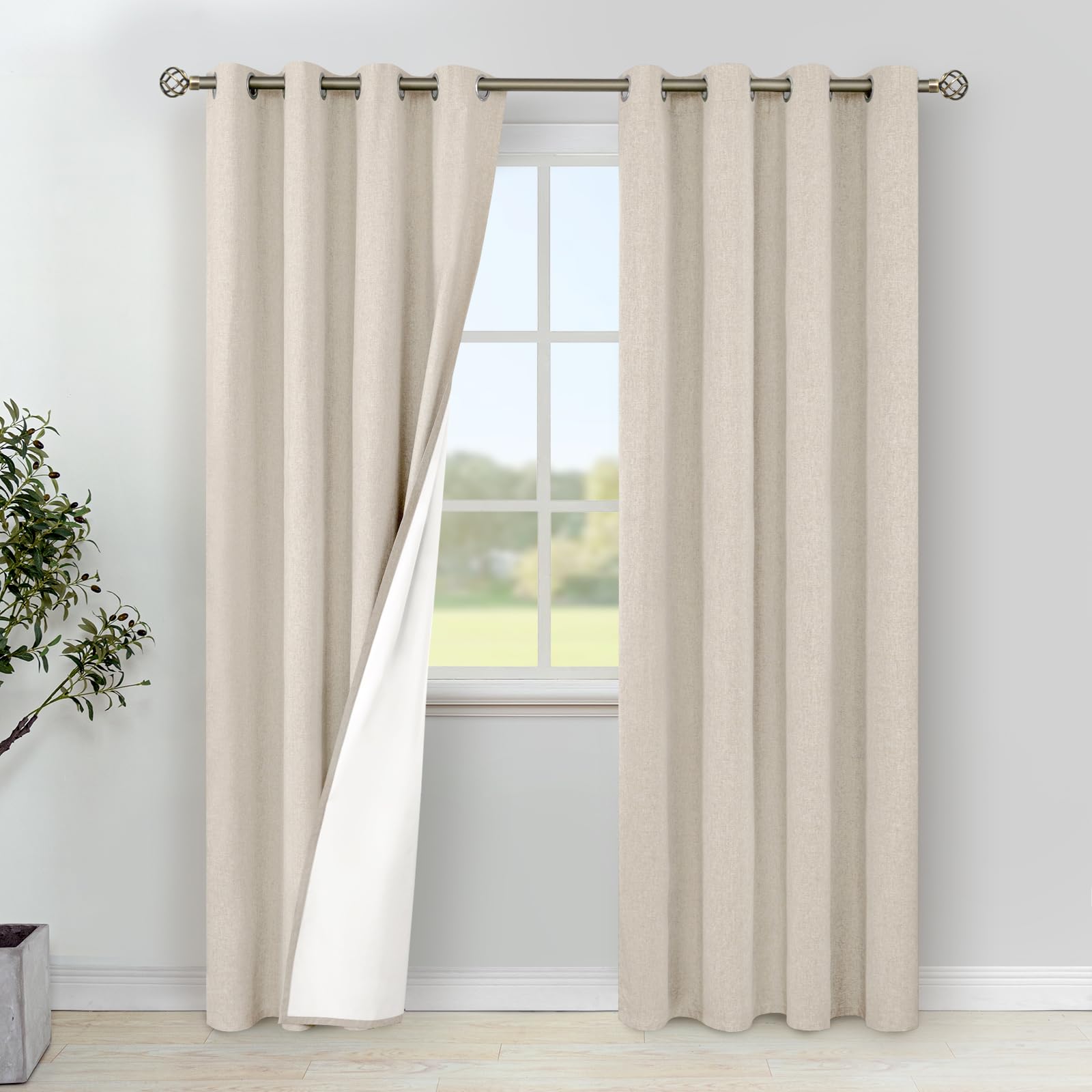 YoungsTex Linen Blackout Curtains 63 Inches Long for Bedroom, Room Darkening Window Drapes with Grommet Thermal Insulated Black Out for Living Room, 2 Panels, 52 X 63 Inch