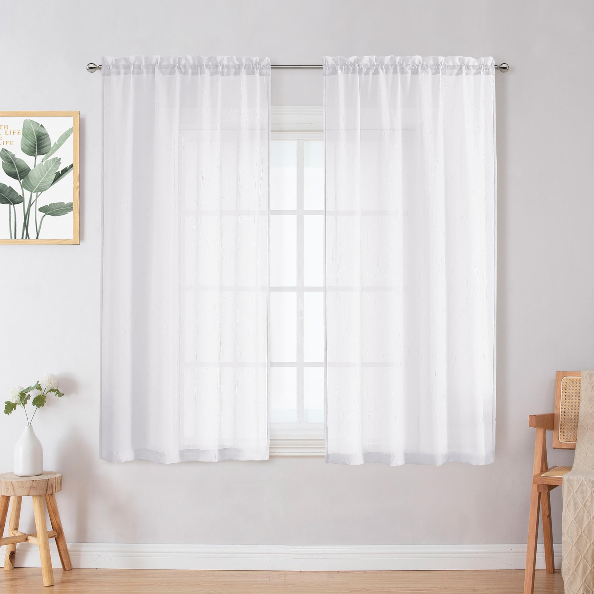 Chyhomenyc Crushed Sheer White Curtains 84 Inch Length 2 Panels, Light Filtering Solid Crinkle Voile Lightweight Textured Sheer Curtian for Bedroom, Each 42Wx84L Inches