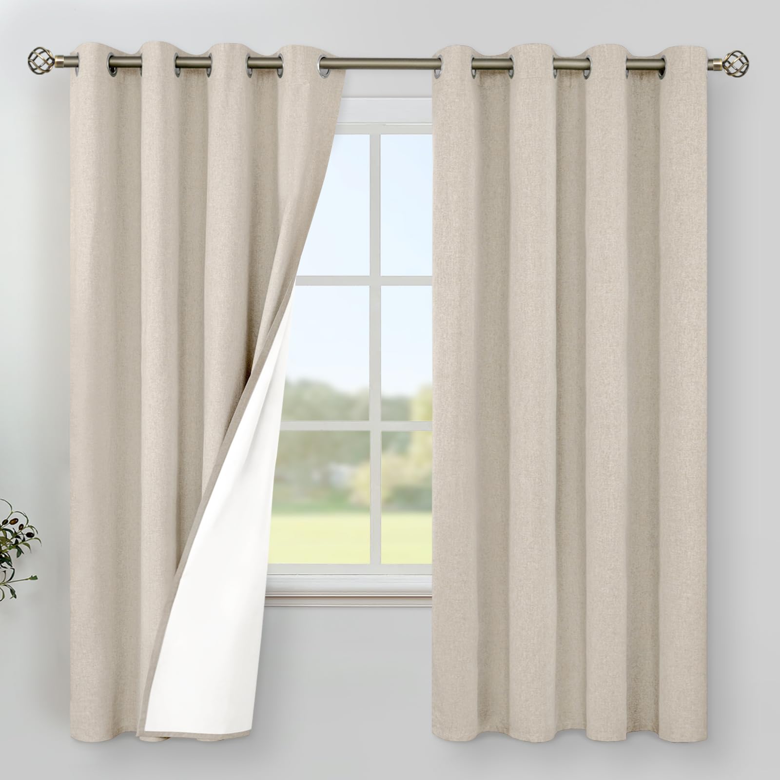 YoungsTex Linen Blackout Curtains 63 Inches Long for Bedroom, Room Darkening Window Drapes with Grommet Thermal Insulated Black Out for Living Room, 2 Panels, 52 X 63 Inch