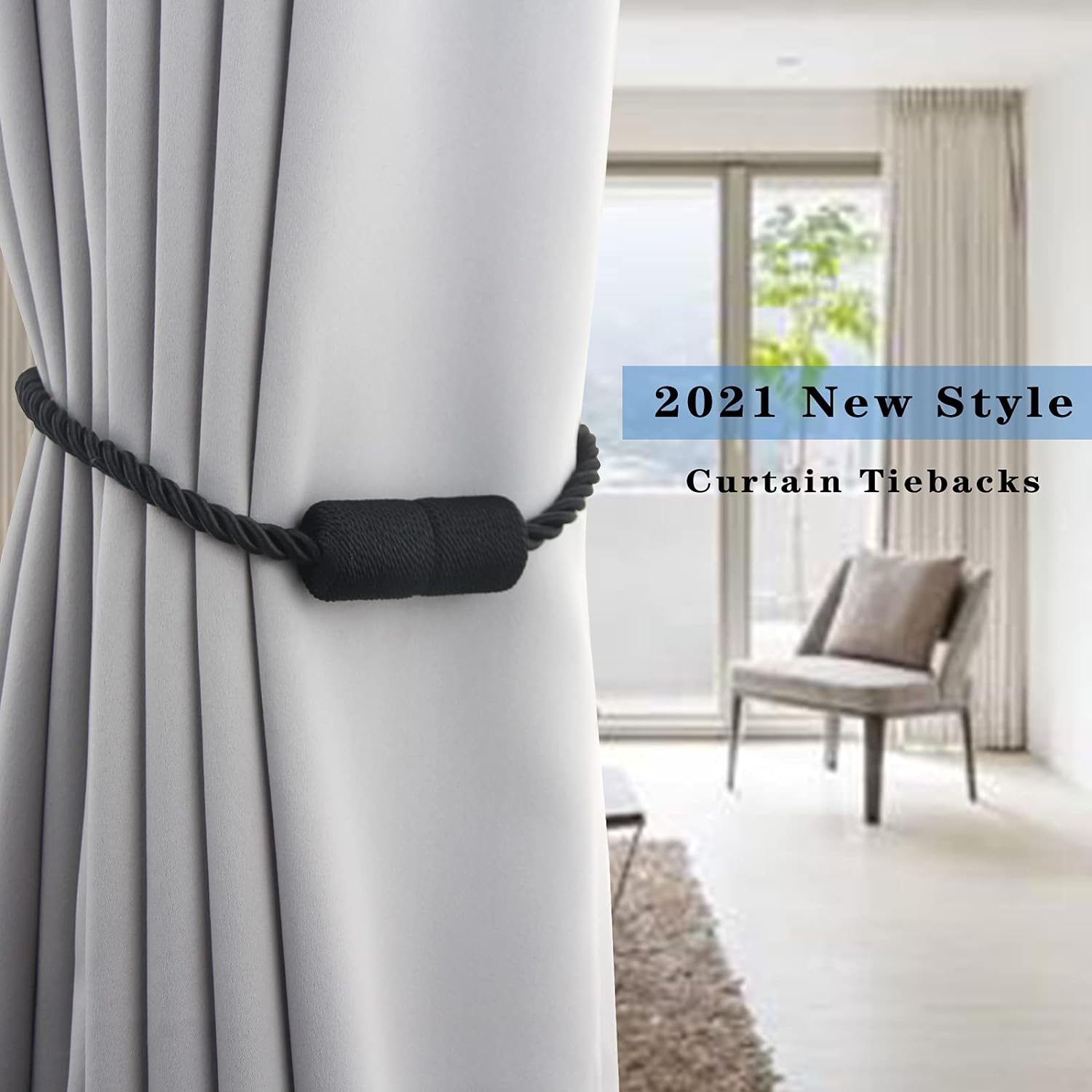 6 Pack Black Strong Magnetic Curtain Tiebacks Outdoor Elegant Decorative Tie Backs Modern Rope Tiebacks for Drapes Window Curtain Holdbacks for Draperies