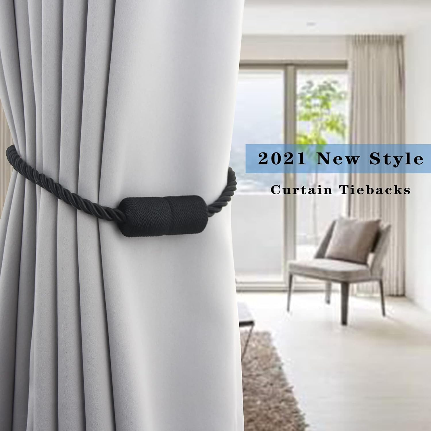 2 Pack Black Magnetic Rope Curtain Tiebacks
