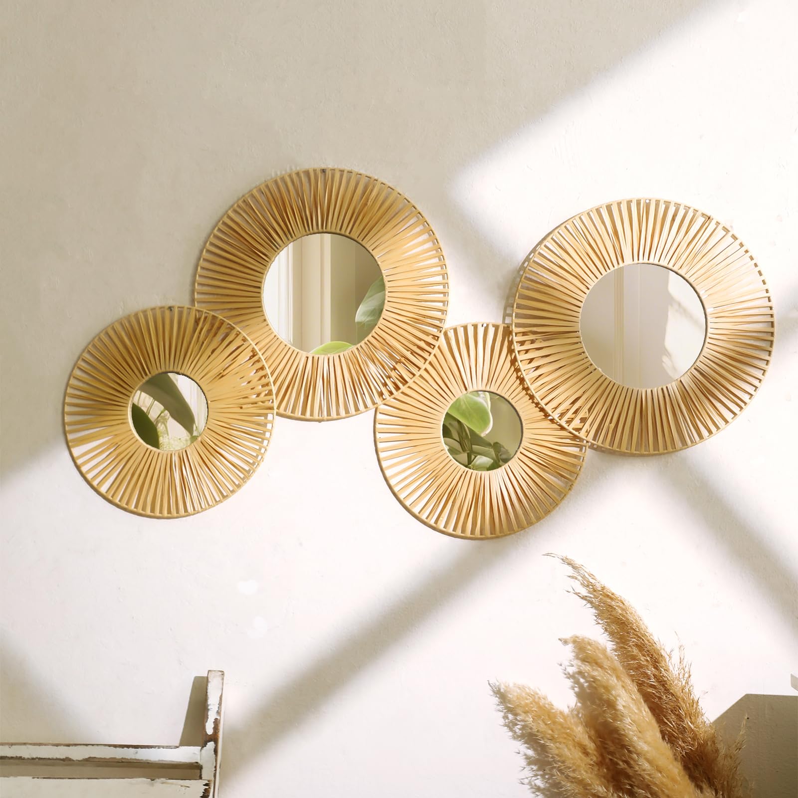 Artilady 4 Pack Hanging Baskets Wall Art - Decorative Woven Wicker Basket Boho Wall Hanging, Rustic Round Mirrors Natural Jute Home Decor Set for Bedroom Living Room Nursery