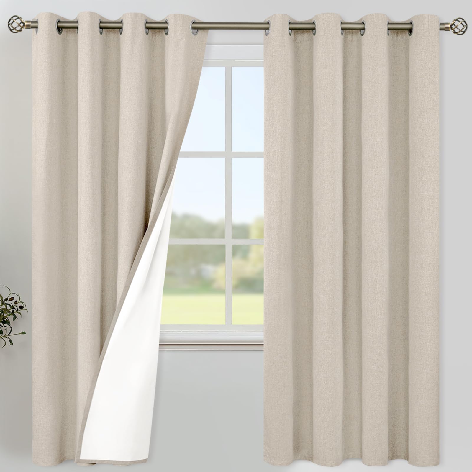 YoungsTex Linen Blackout Curtains 63 Inches Long for Bedroom, Room Darkening Window Drapes with Grommet Thermal Insulated Black Out for Living Room, 2 Panels, 52 X 63 Inch