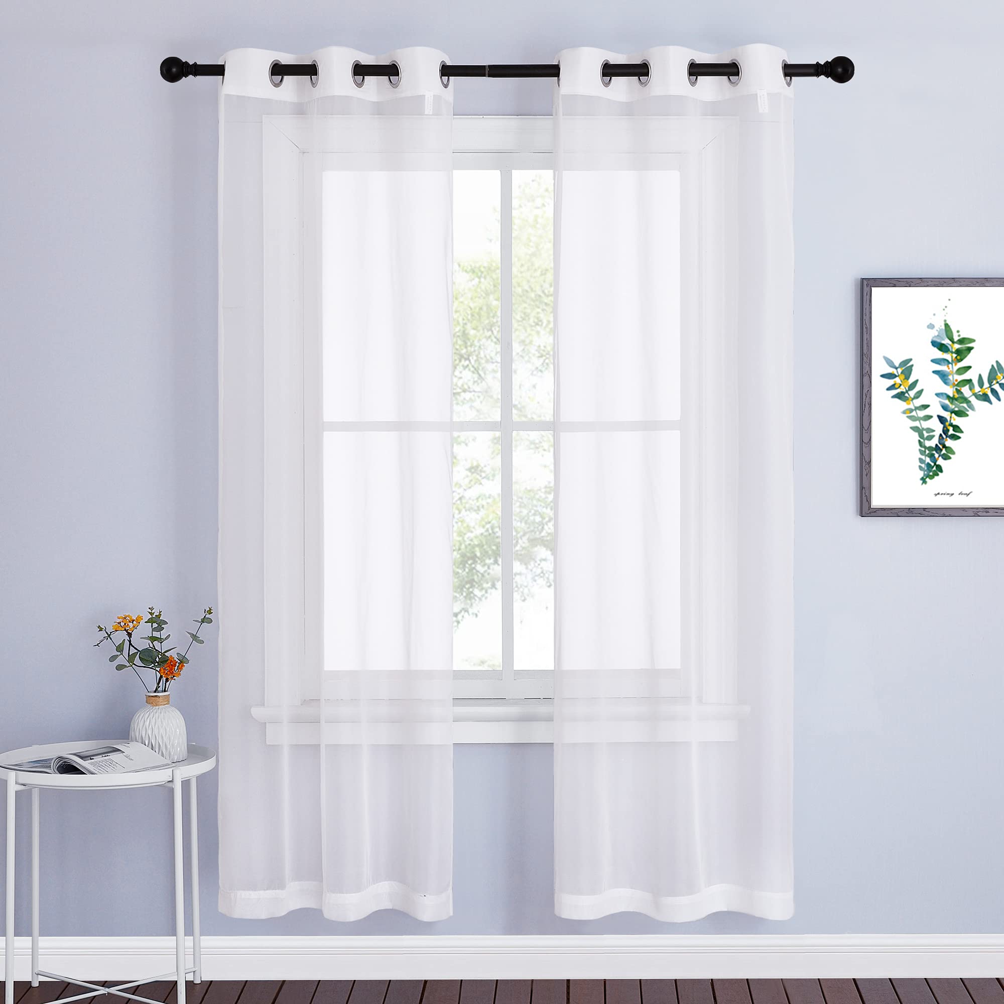 NICETOWN Sheer Curtains Panel 72" Long - Ring Top Window Treatment Sheer Voile Drapes for Bedroom/Living Room (White, Set of 2, W54 x L72)