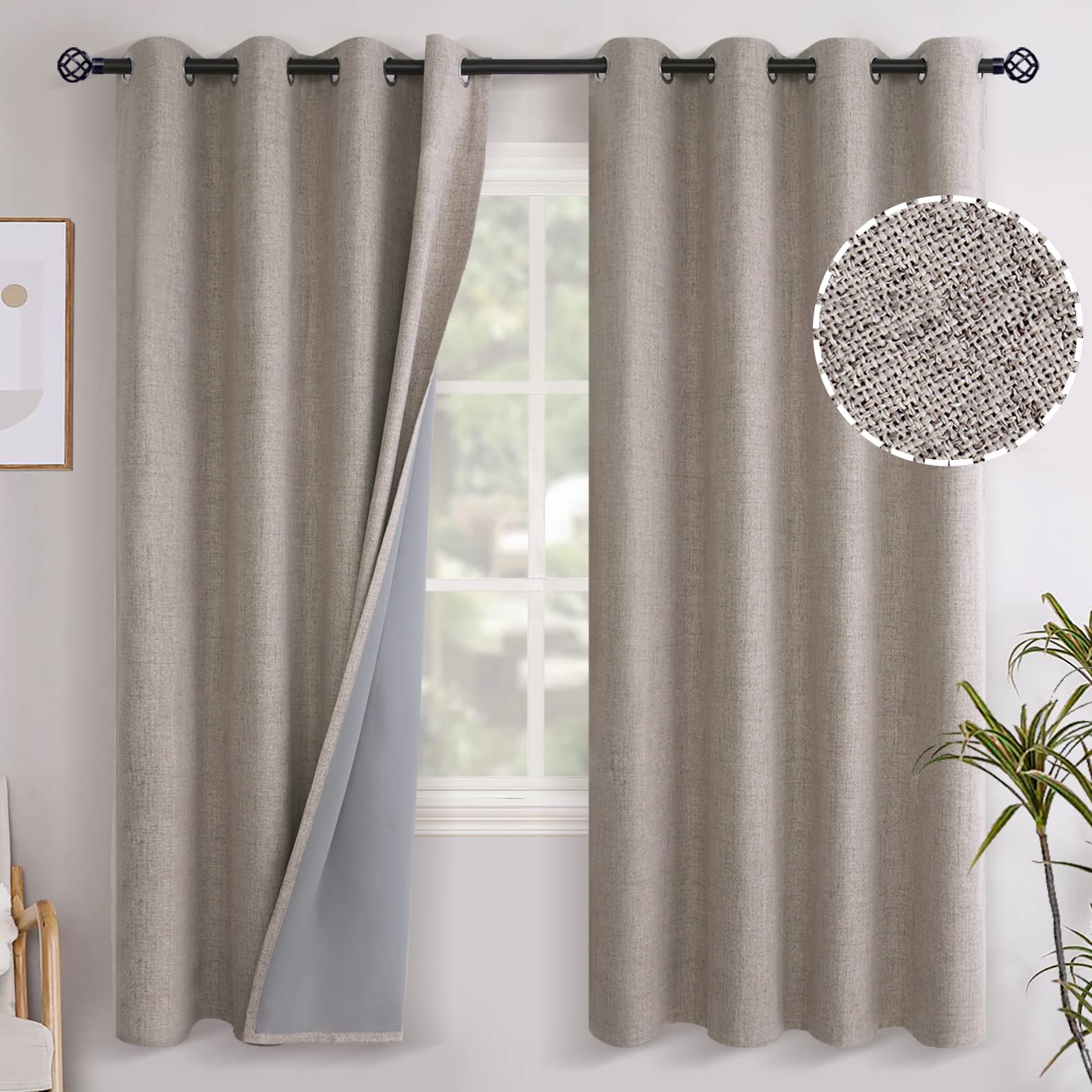YoungsTex Linen Blackout Curtains 63 Inch Length for Bedroom, Room Darkening Window Drapes with Grommet Thermal Insulated Black Out Blinds for Living Room, 2 Panels, 52 X 63 Inch, Beige