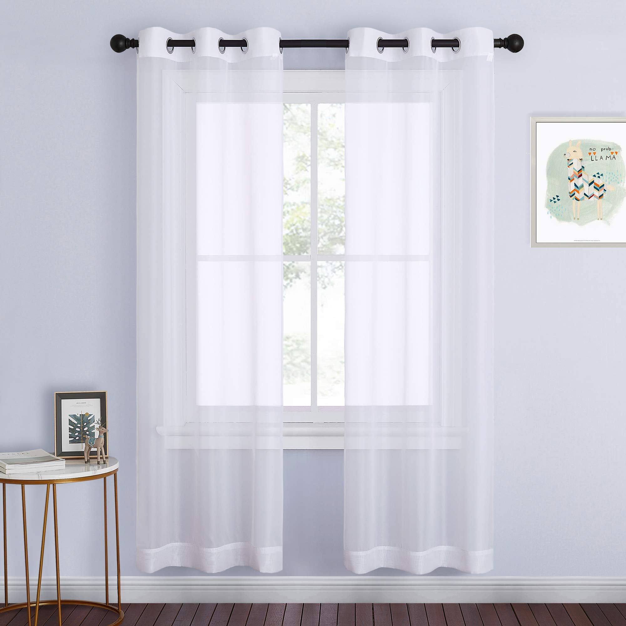 NICETOWN Sheer Curtains Panel 72" Long - Ring Top Window Treatment Sheer Voile Drapes for Bedroom/Living Room (White, Set of 2, W54 x L72)