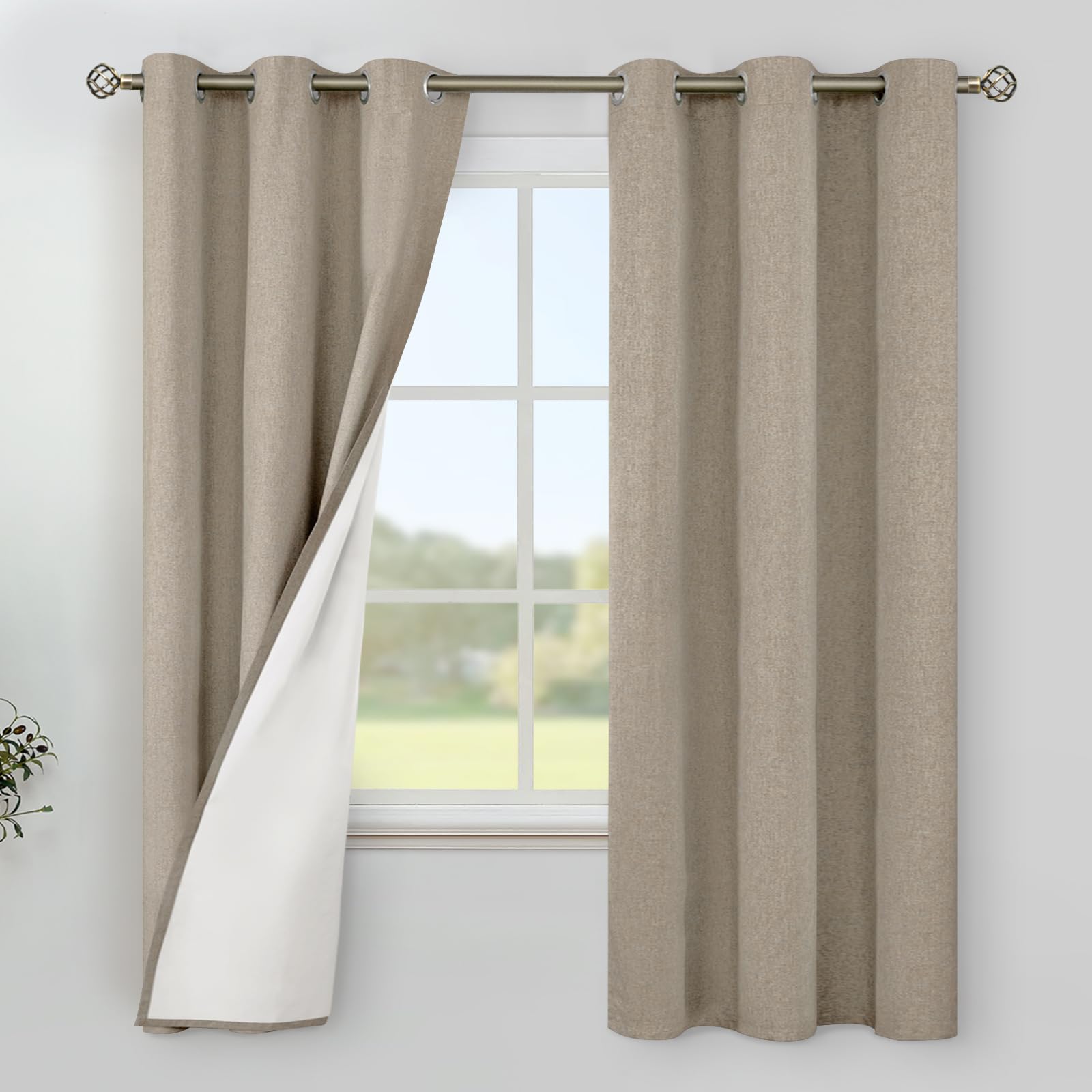 YoungsTex Linen Blackout Curtains 63 Inches Long for Bedroom, Room Darkening Window Drapes with Grommet Thermal Insulated Black Out for Living Room, 2 Panels, 52 X 63 Inch