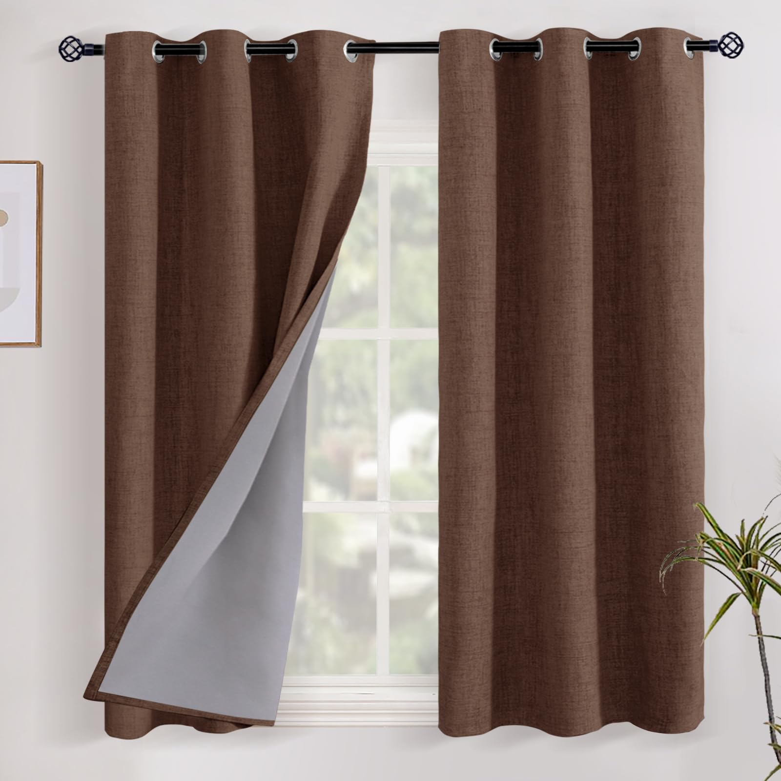 YoungsTex Linen Blackout Curtains 63 Inch Length for Bedroom, Room Darkening Window Drapes with Grommet Thermal Insulated Black Out Blinds for Living Room, 2 Panels, 52 X 63 Inch, Beige