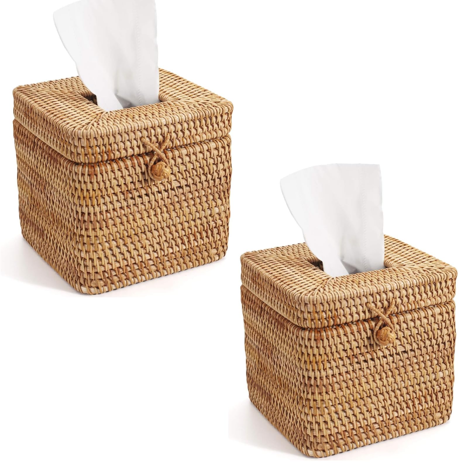 Rattan Square Tissue Box Cover, 5.7" x 5.7" x 5", Decorative Woven Facial Tissue Holder with Hinged Top Lid, Natural Color