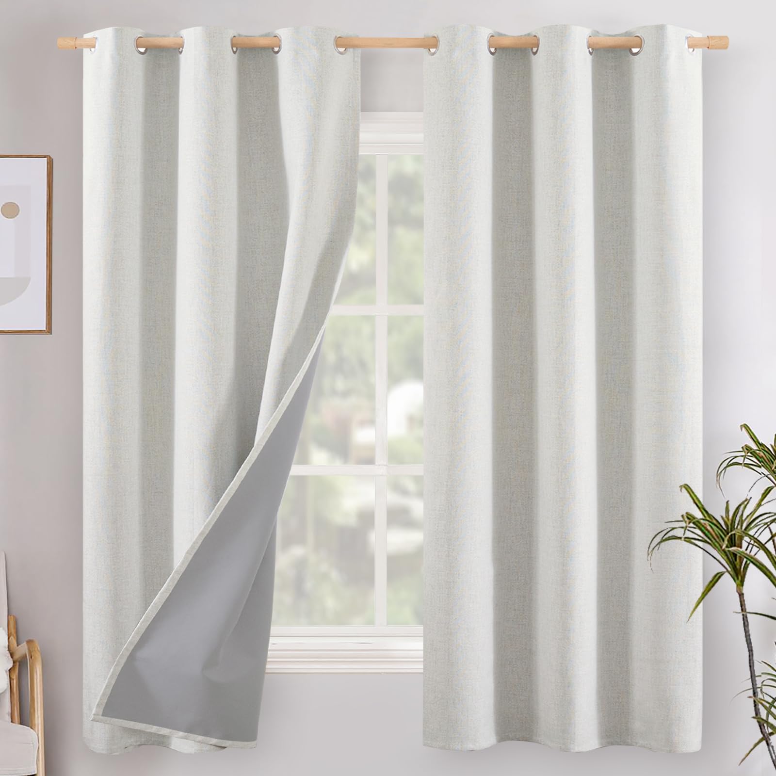 YoungsTex Linen Blackout Curtains 63 Inch Length for Bedroom, Room Darkening Window Drapes with Grommet Thermal Insulated Black Out Blinds for Living Room, 2 Panels, 52 X 63 Inch, Beige