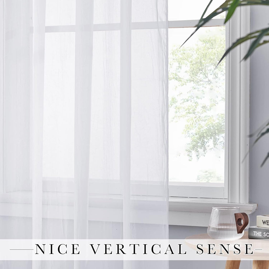 NICETOWN Crushed Voile Sheer Curtains for Big Windows, Grommet Top Crinkled Sheer Voile Window Treatment Light and Airy Drapes for Parlor/Porch (Set of 2, 52" Width x 95" Length, White)