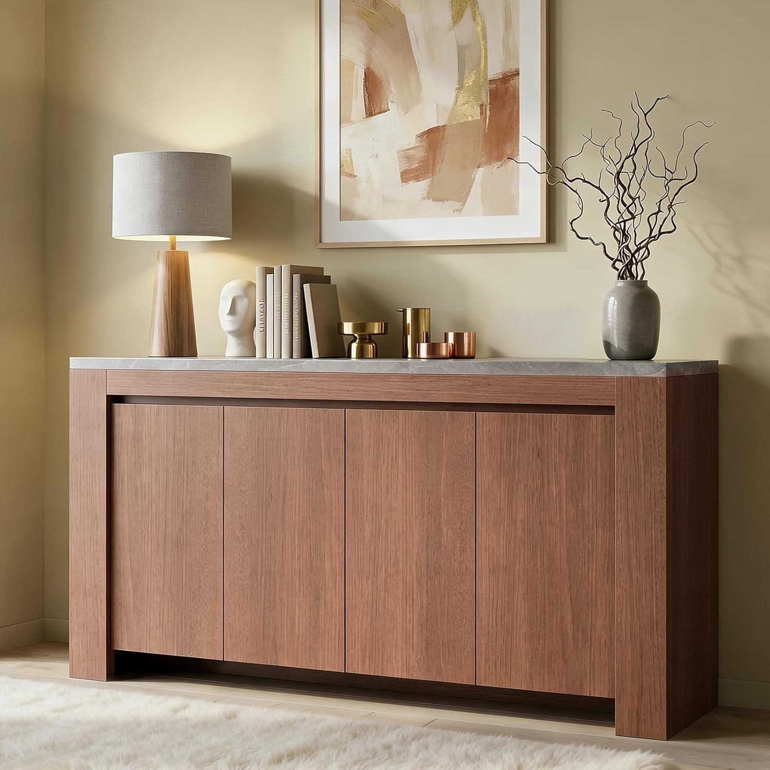 Buffet Cabinet with Storage, 63" Sideboard Buffet Accent Cabinet with Faux Marble Top & 4 Doors, Modern Buffet Table Credenza Cabinets for Living Room, Dining Room, Kitchen（Walnut）