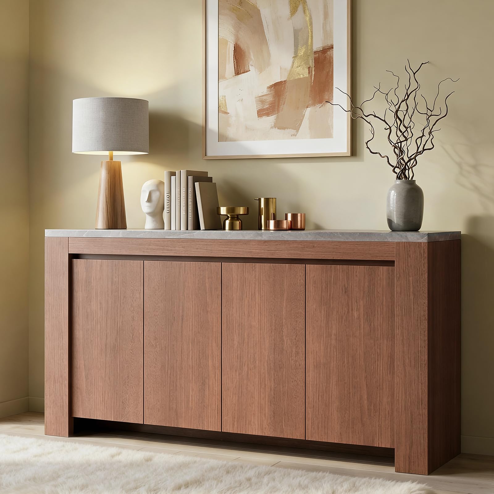 Buffet Cabinet with Storage, 63" Sideboard Buffet Accent Cabinet with Faux Marble Top & 4 Doors, Modern Buffet Table Credenza Cabinets for Living Room, Dining Room, Kitchen（Natural Oak）