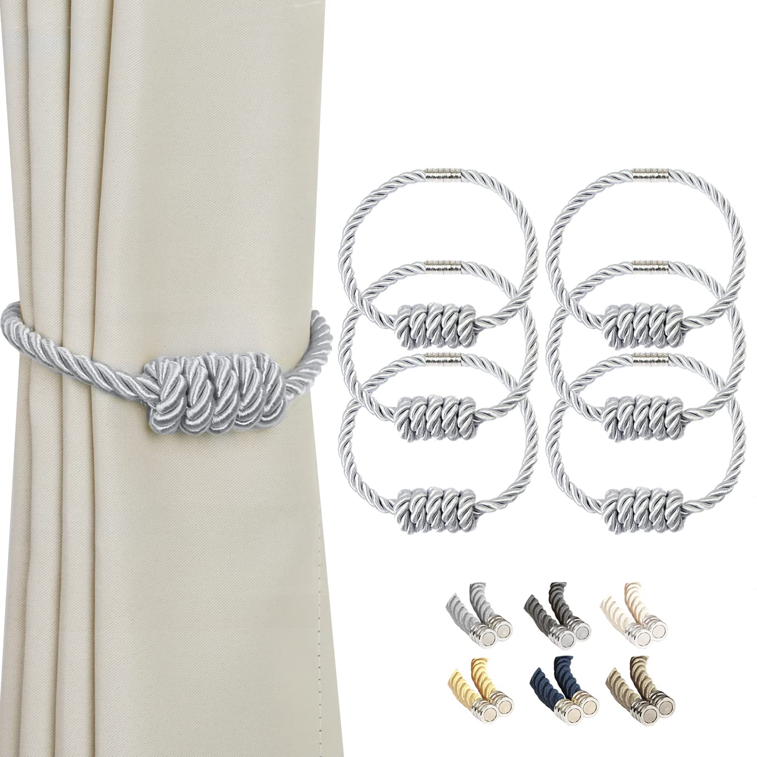 BEL AVENIR Magnetic Jute Curtain Tiebacks, Decorative Drapery Holdbacks Bohemian Style Woven Tie-Backs with Exquisite Knot (Jute, 2 Pack)