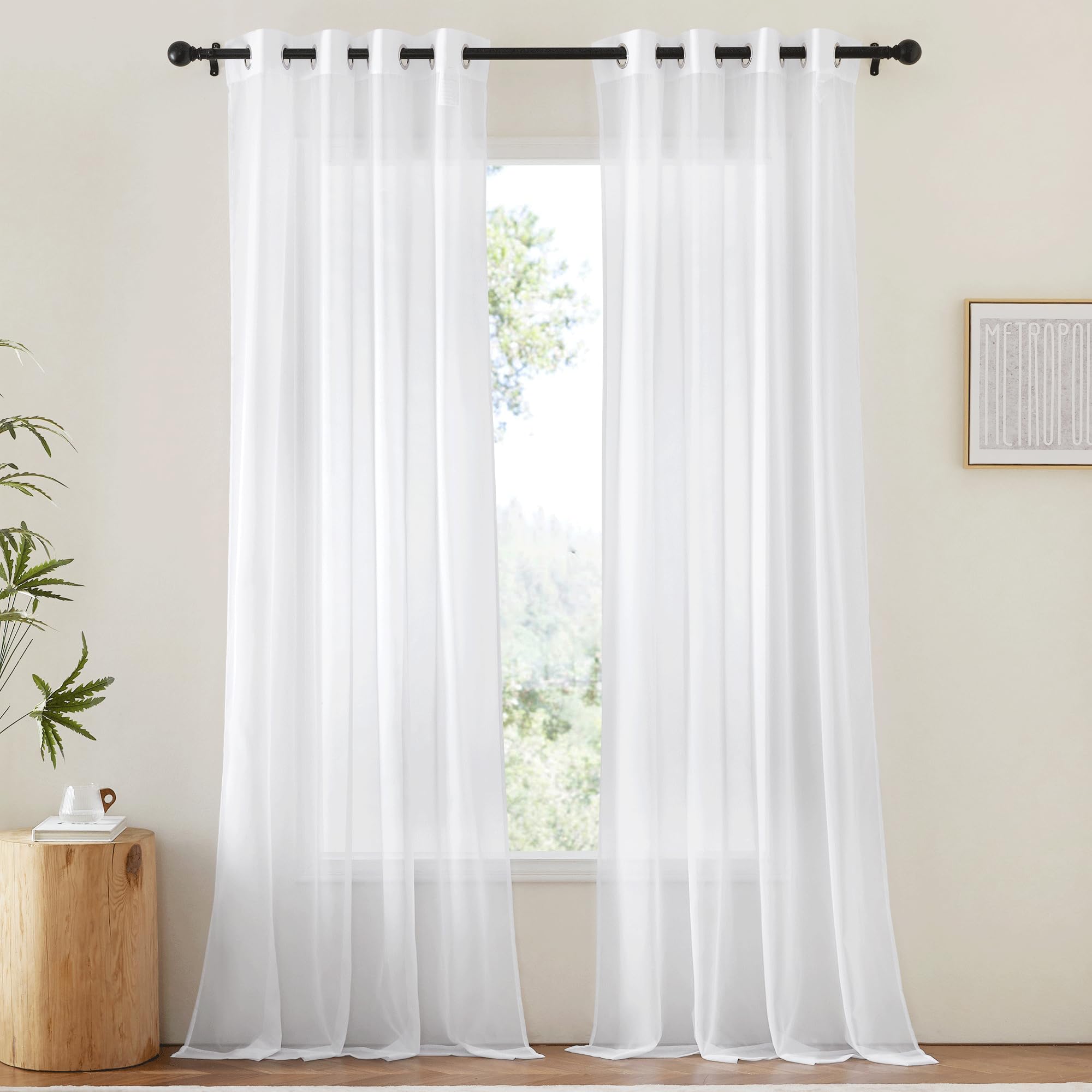 NICETOWN Sheer Curtains Panel 72" Long - Ring Top Window Treatment Sheer Voile Drapes for Bedroom/Living Room (White, Set of 2, W54 x L72)