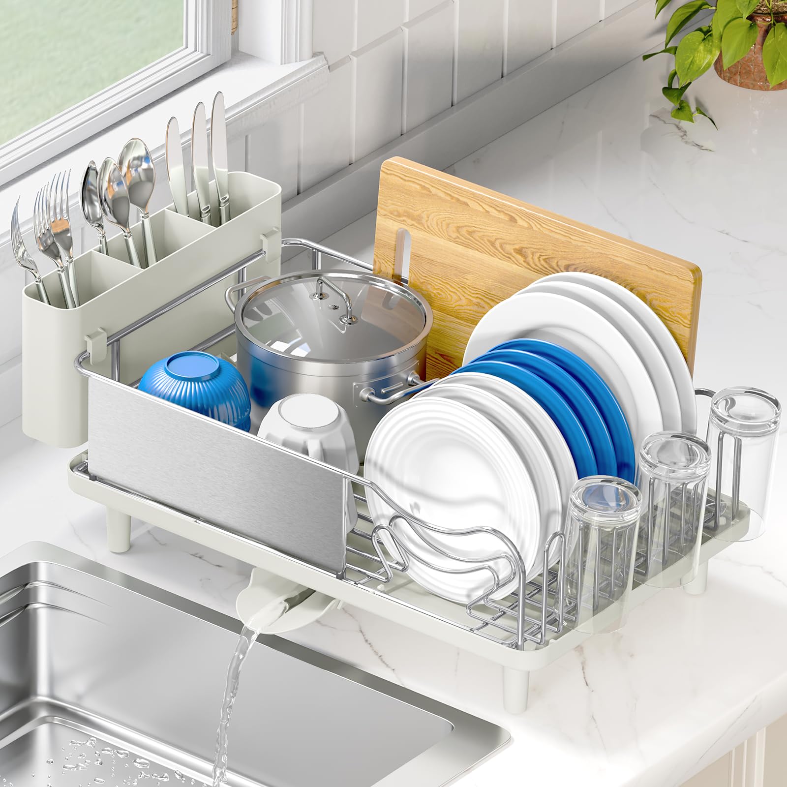 Urackify Stainless Steel Dish Drying Rack - Large Capacity Kitchen Counter Organizer with Drain Board, Utensil Holder & Detachable Cup Shelf, 304 Surgical-Grade Rust-Proof Dish Drainer, Easy Assembly