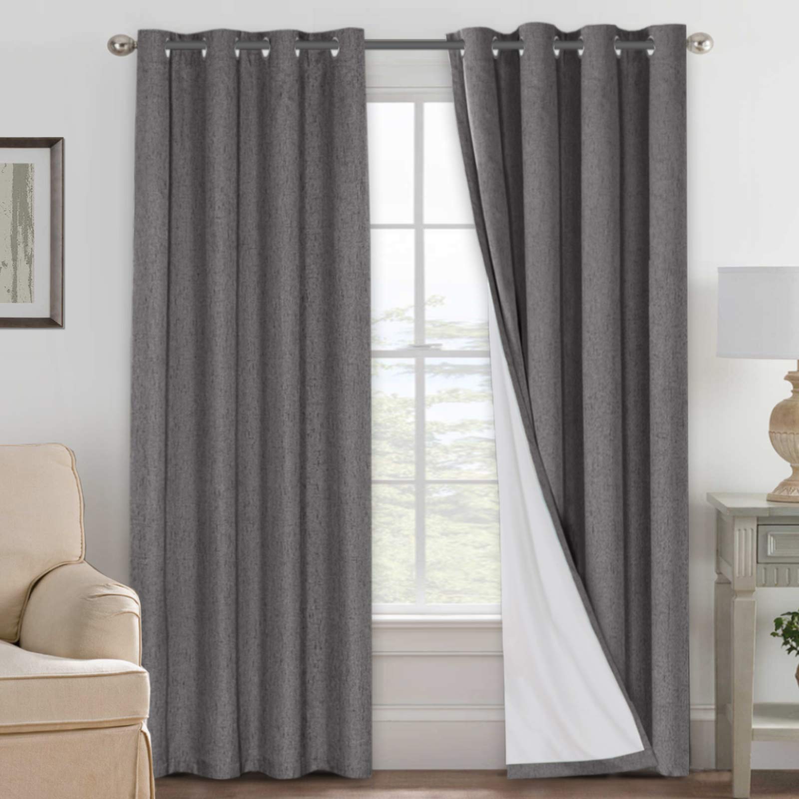 H.VERSAILTEX 100% Blackout Curtains Ivory, Linen Blackout Curtains 96 inch Curtains 2 Panel Set, Elegant Curtain for Bedroom Grommet Drapes for Living Room
