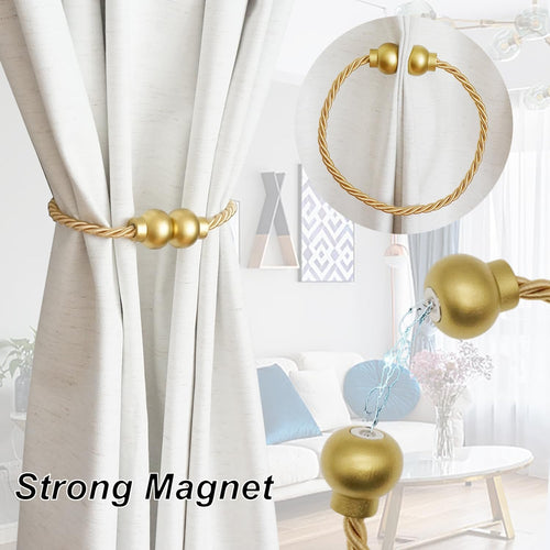 2 Pack Magnetic Curtain Tiebacks Modern Handmade Rope Curtain Tie Backs Decorative Drapes Weave Holdbacks for Home Outdoor Bedroom Office Decorative Curtain, Gold