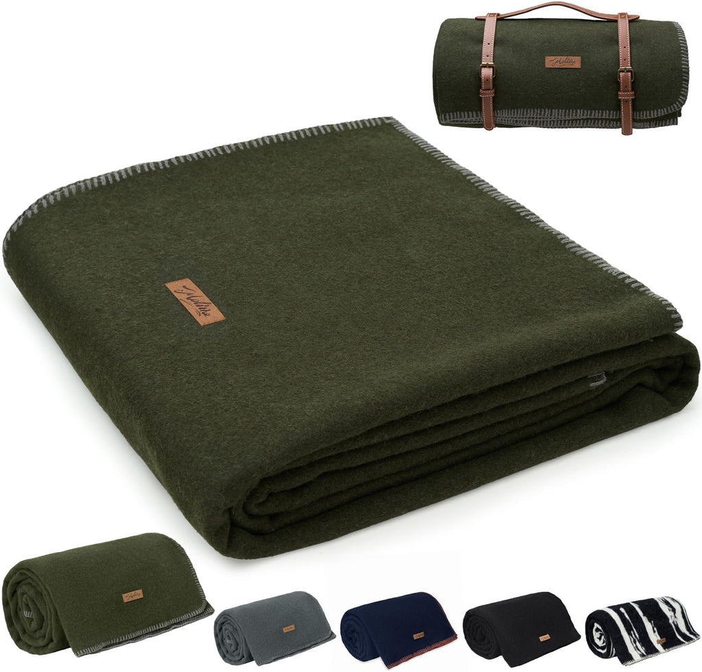 Molithe 100% Wool Blanket, 48" x 62", Warm, Thick, Washable, Military Wool Blanket, Great for Camping, Outdoors, Sporting Events, Survival Kits，Olive Green
